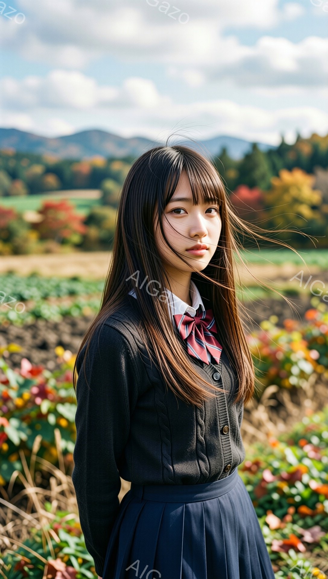 長い黒髪の少女が、紺色のセーターとチェックのネクタイ、プリーツスカート姿で立っている。彼女は少し斜めを向き、物憂げな表情で遠くを見つめている。背景には、色とりどりの花畑と緑の山々が広がり、秋の穏やかな空が広がっている。