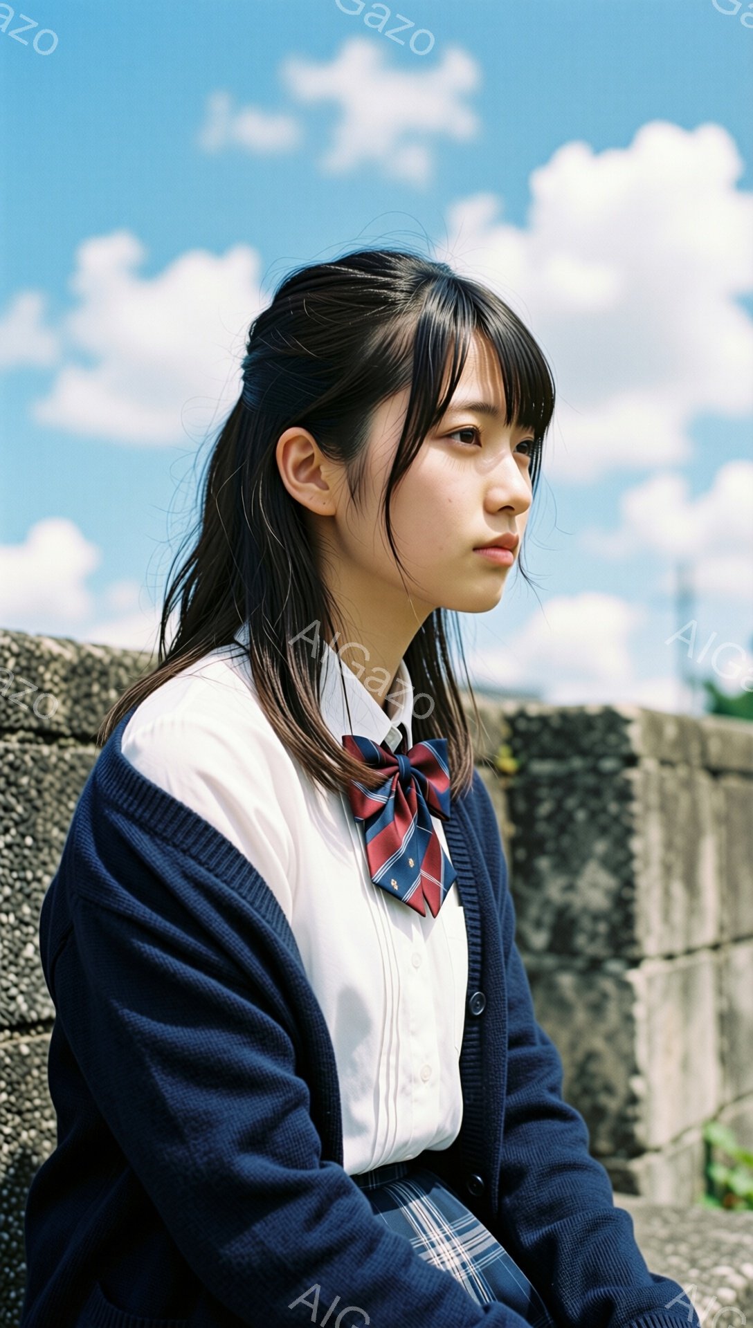 画像には、紺色のカーディガン、白いシャツ、チェック柄のスカートを着用した若い女性が写っています。彼女は髪を肩まで伸ばし、前髪は目に少しかかっています。彼女は少し憂いを帯びた表情で、どこか遠くを見つめており、石造りの壁にもたれて座っています。