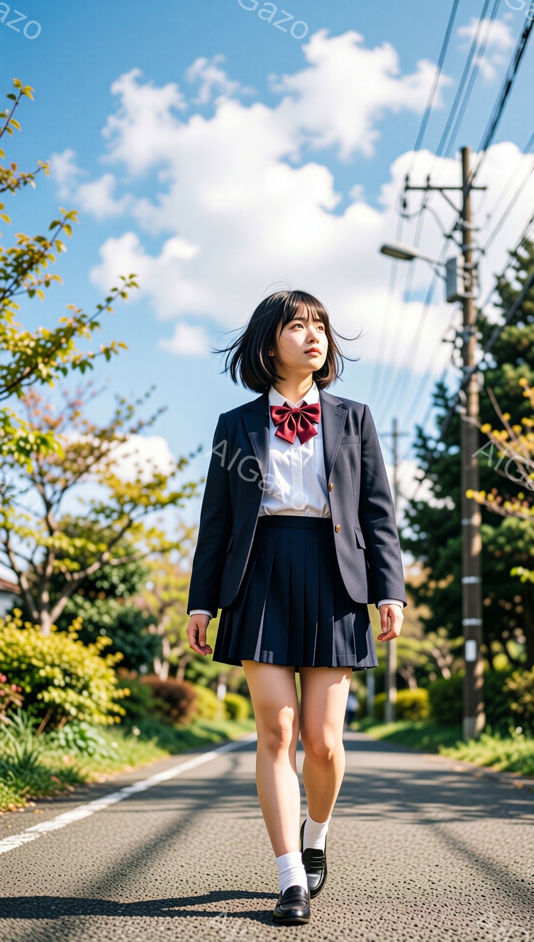 制服を着た女子高生が、アスファルトの道の中央を歩いている。彼女は黒いブレザー、プリーツスカート、白い靴下、黒いローファーを着用し、首には赤いリボンを結んでいる。背景には緑豊かな木々や電柱が見え、晴れた空が広がっているため、爽やかで少し寂しげな雰囲気が漂っている。