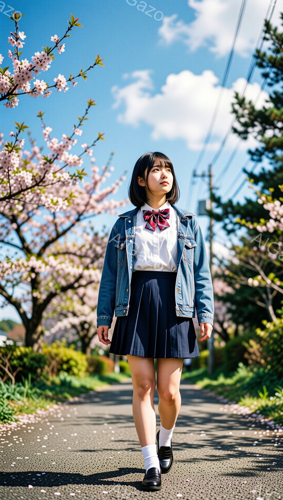 画像には、紺色のスカートと白いシャツ、そしてデニムジャケットを着た若い女性が写っています。彼女は赤いリボンを結び、白い靴下と黒い革靴を履いています。桜並木が続く道を、彼女は少し上目遣いで歩いており、春の暖かく穏やかな雰囲気が漂っています。