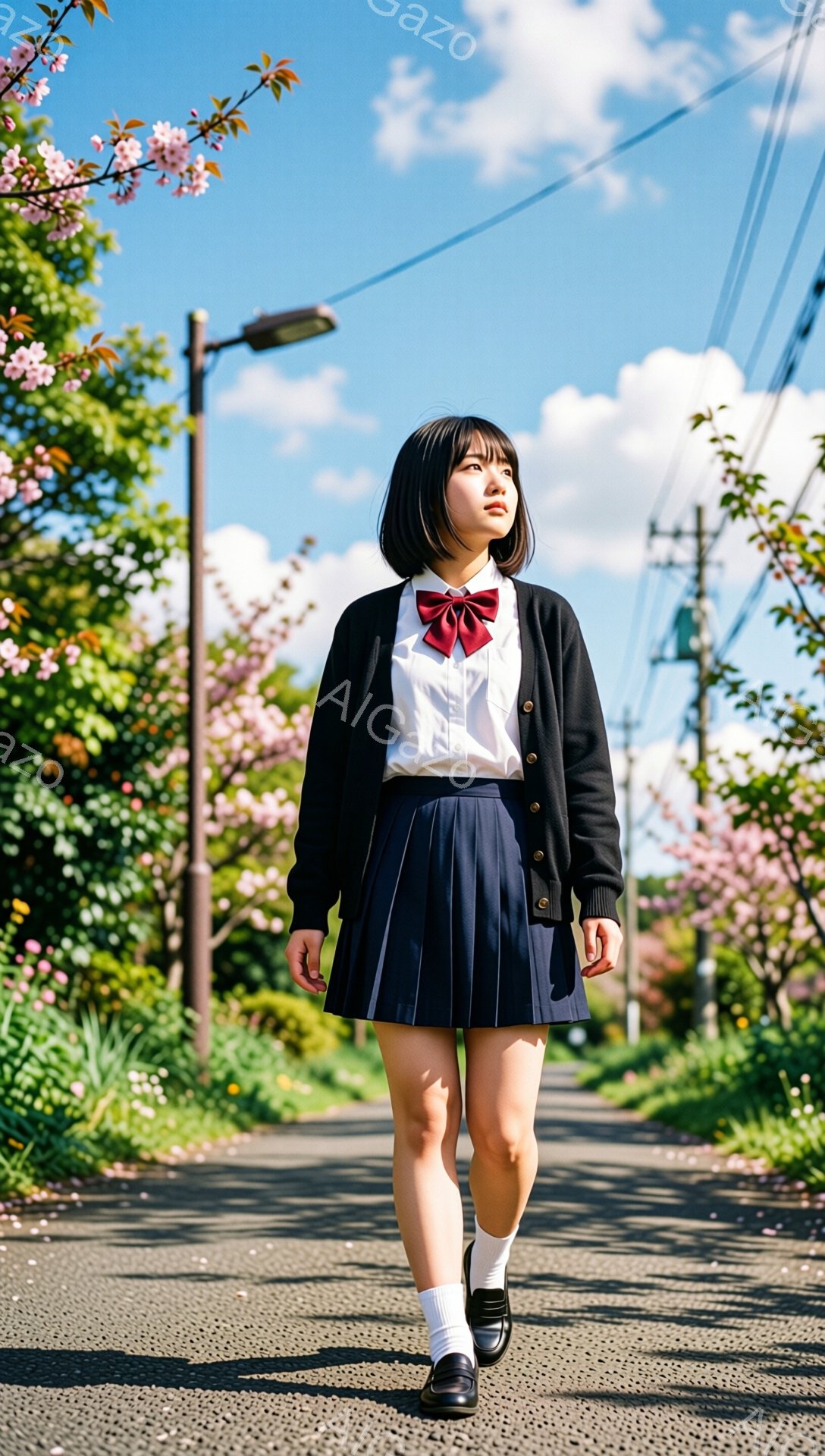 制服を着た若い女性がアスファルトの道の中央を歩いている。彼女は黒のカーディガン、白いシャツ、赤いリボン、プリーツスカート、白い靴下、黒い靴を履いている。背景には桜の木が咲き誇り、青空が広がっている。