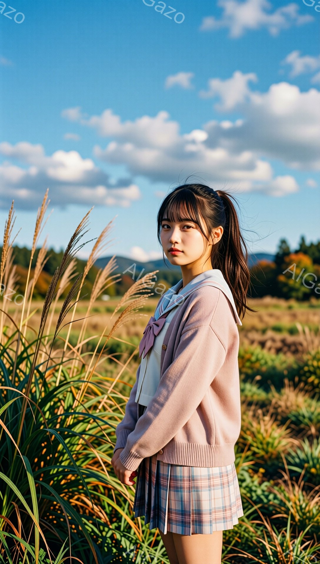 長い黒髪をポニーテールにした若い女性が、ピンク色のカーディガンとチェック柄のスカートを着て、背を向けて立っています。彼女は少し微笑んでいて、横顔が強調されています。背景には、背の高い草が生い茂り、遠くには緑の山々と青空が広がっています。