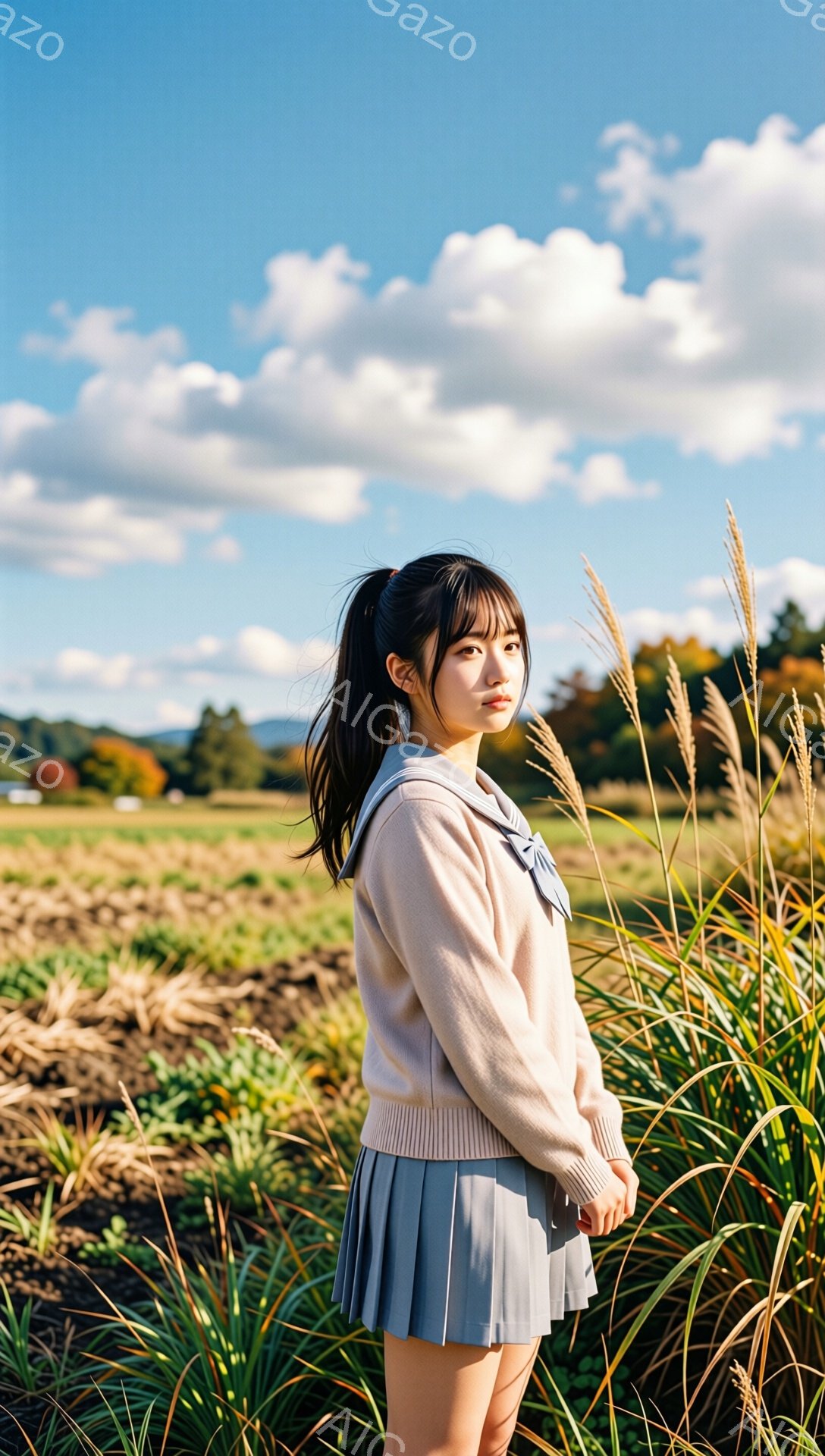 長い黒髪をポニーテールにした若い女性が、ベージュのセーターとグレーのプリーツスカートを着て、少し横を向いて立っています。彼女は穏やかな表情で、遠くを見つめており、背景には乾燥した草原と、かすかに見える - AI生成フリー素材