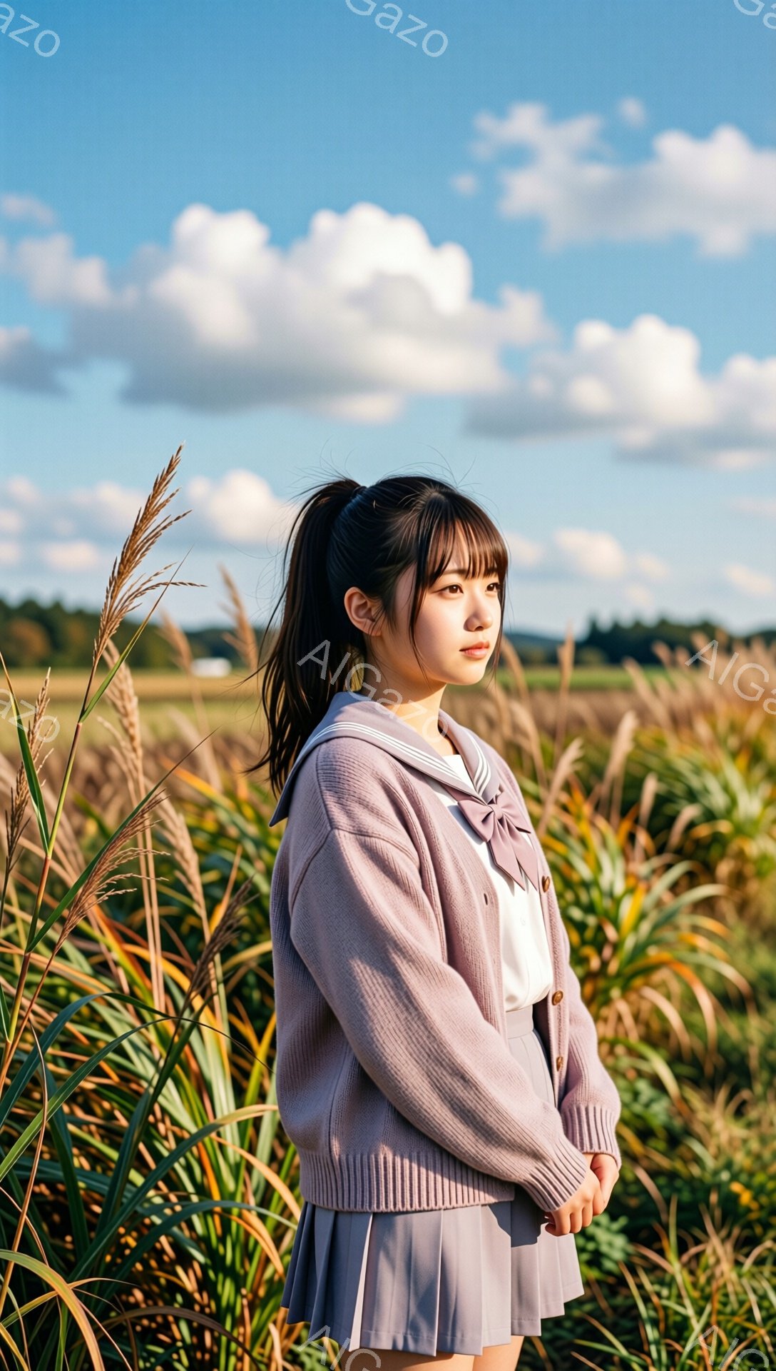 長い黒髪をポニーテールにした女性が、薄紫色のカーディガンとスカート、白いブラウスの制服を着ています。彼女は少し横を向き、遠くを見つめており、表情は穏やかです。背景には、乾燥した草が生い茂る広い草原と青空が広がっており、秋の穏やかな雰囲気が漂っています。
