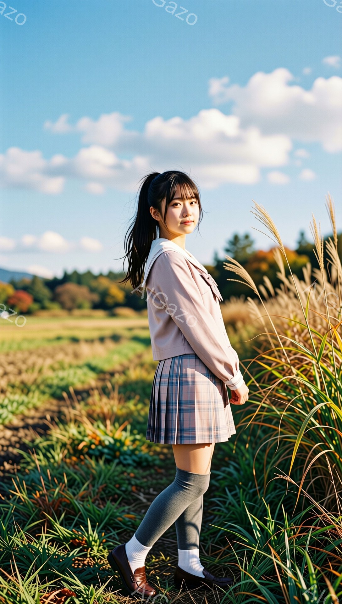 若い女性が、ピンクがかったベージュ色のシャツとチェック柄のプリーツスカート、グレーの膝下ソックスとローファーを身に着けて立っています。彼女は髪をポニーテールにし、少し微笑んでこちらを見ています。背景には、秋の草原と木々、そして青い空が広がっており、穏やかでノスタルジックな雰囲気を醸し出しています。