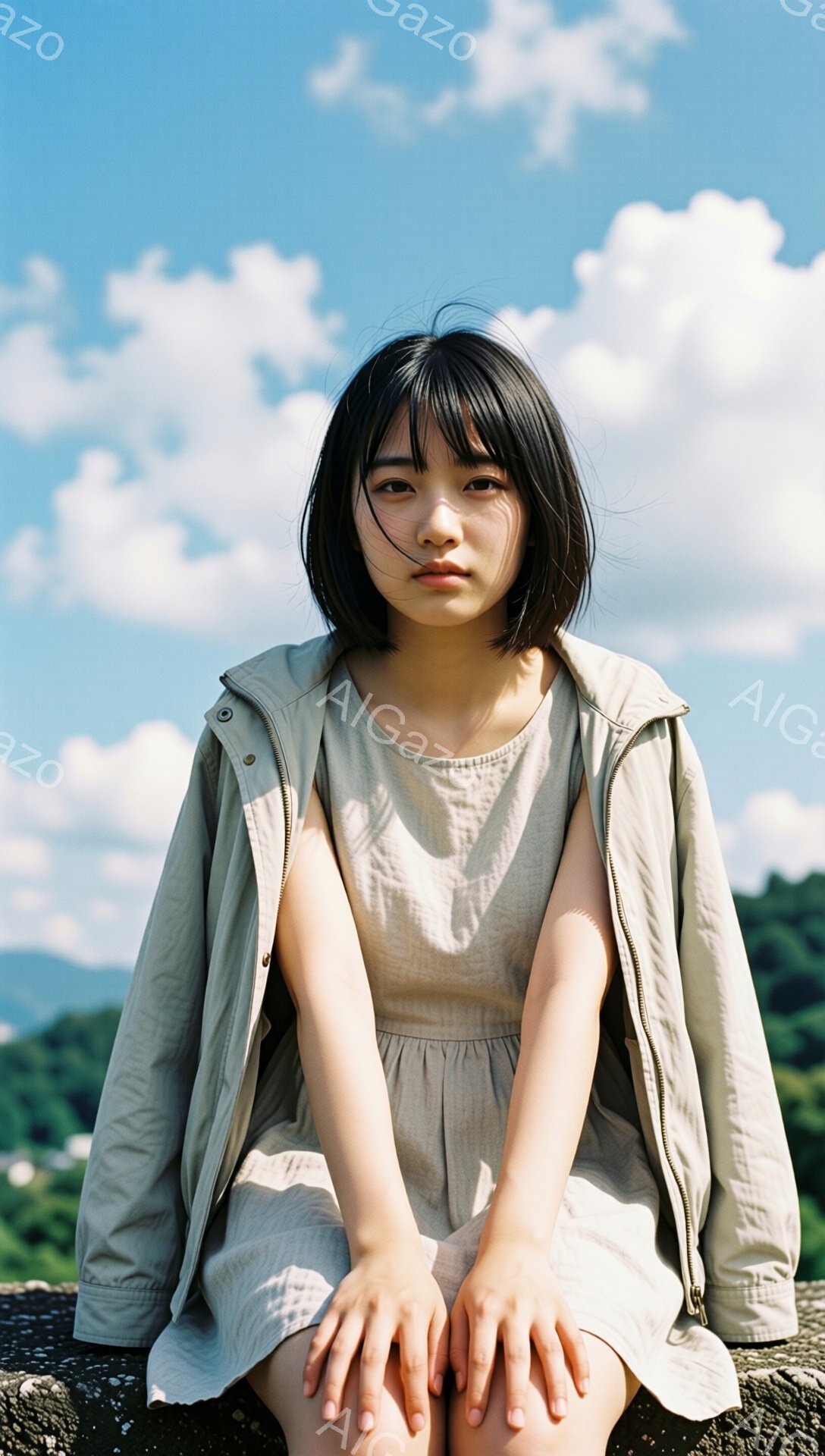 短い黒髪の女性が、ベージュ色のジャケットとワンピースを着て、石垣の上に座っています。彼女は両手を膝の上に置き、少し物憂げな表情でカメラを見ています。背景には緑豊かな風景と青い空が広がり、穏やかで少し寂しげな雰囲気が漂っています。