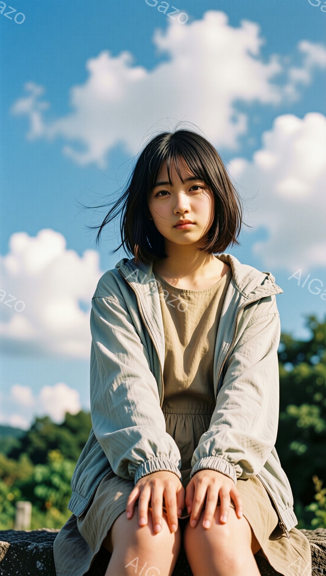 ショートヘアの女性が、ベージュのトラックジャケットとワンピースを着て、石造りの壁に腰掛けています。彼女は少し伏し目がちで、落ち着いた表情をしています。背景には緑豊かな木々と青い空と白い雲が広がり、穏やかで自然な雰囲気が漂っています。