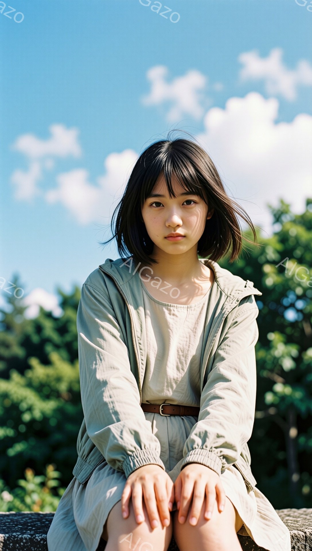 短い黒髪の女性が、ベージュ色のジャケットとワンピース姿で座っています。彼女は膝を曲げ、両手を重ねて構え、落ち着いた表情で正面を見つめています。背景には緑豊かな木々と青空が広がり、穏やかで自然な雰囲気が漂っています。