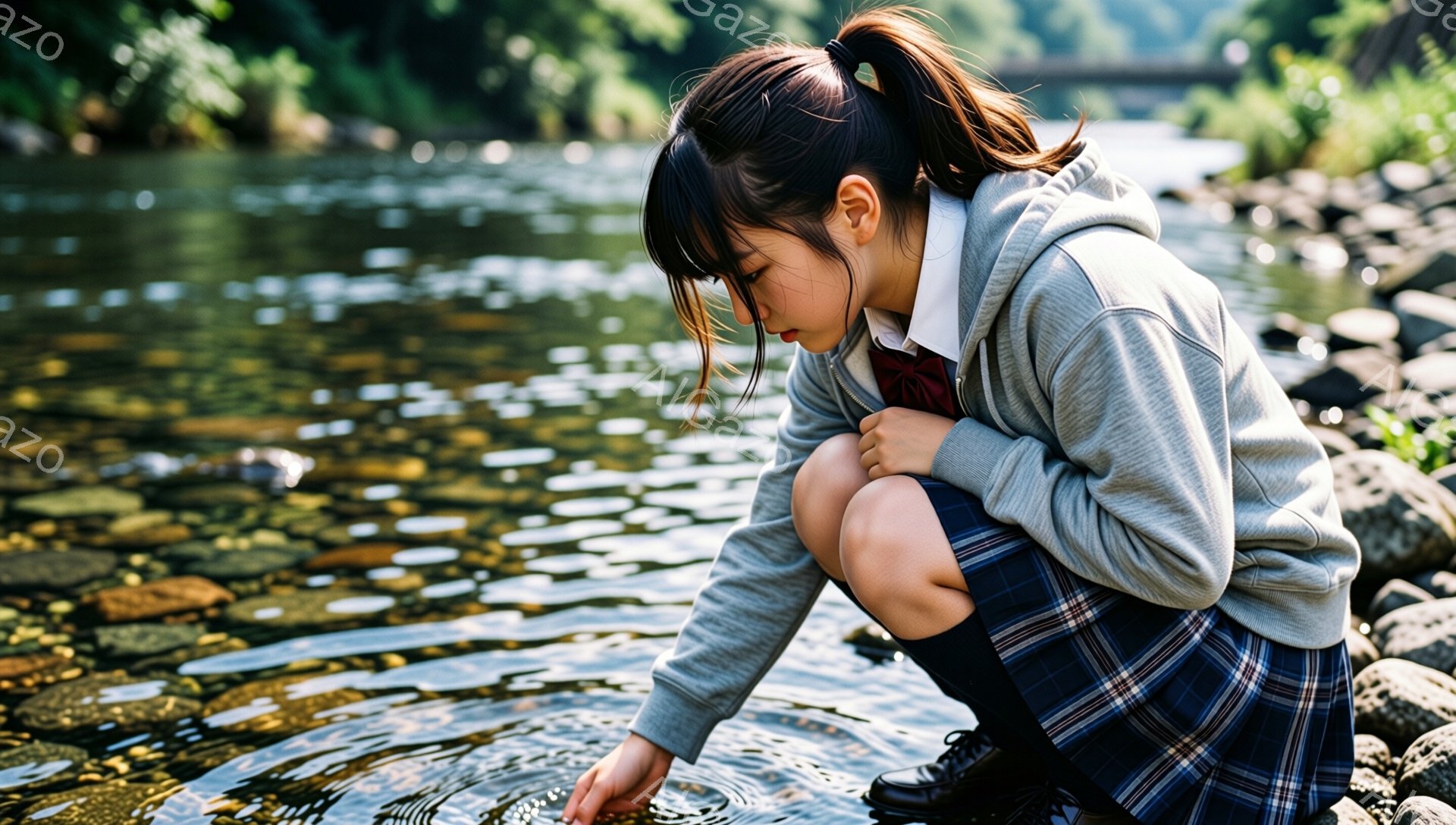 女の子は制服姿で、川のほとりでうずくまっている。灰色のパーカーとチェック柄のスカート、黒い靴下を履いており、髪はポニーテールに結ばれている。彼女は川面に手を伸ばし、何かに興味を持って見つめている様子で、背景には緑豊かな自然が広がっている。