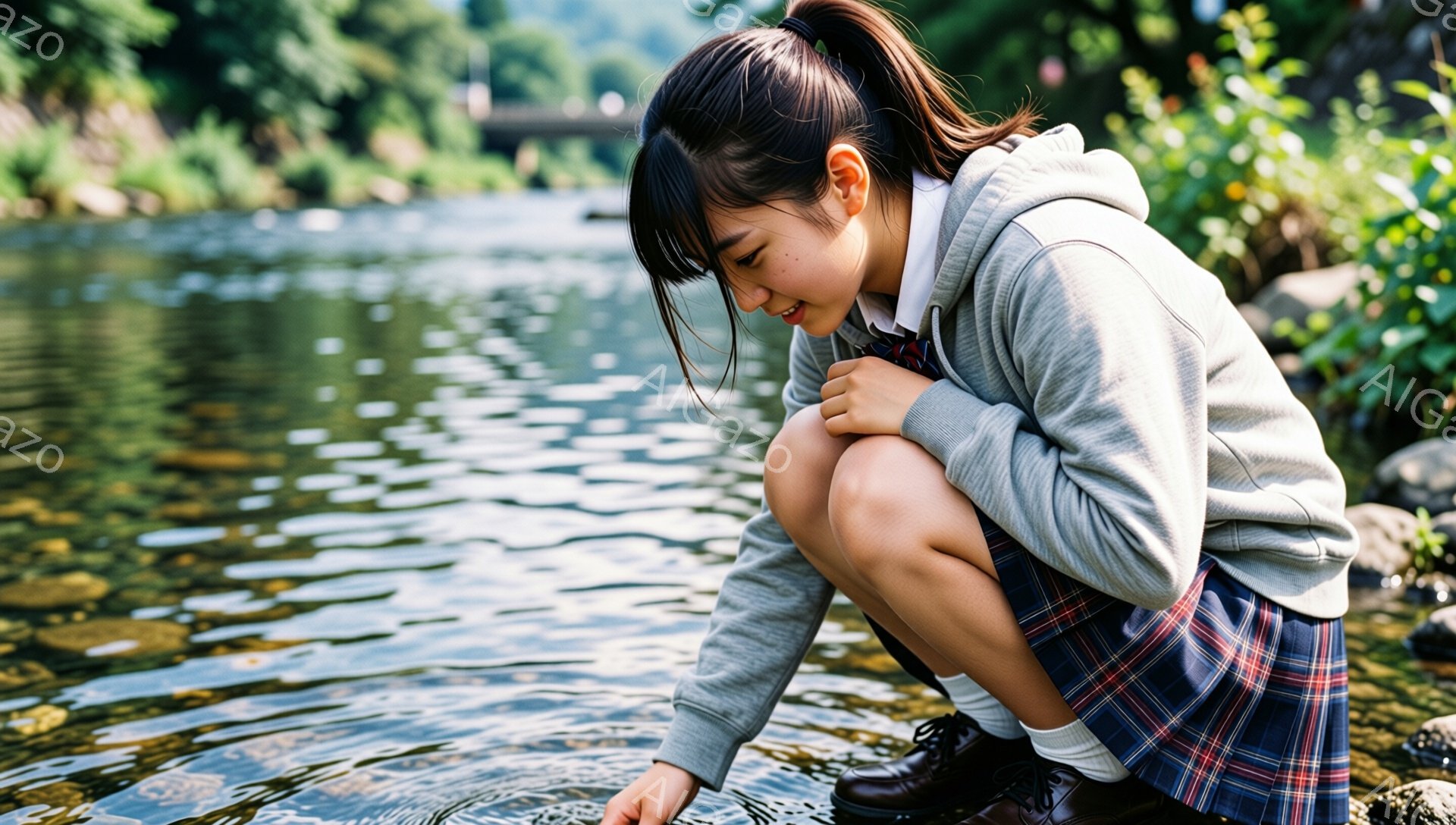 茶色の長い髪をポニーテールにした少女が、川のほとりで身をかがめて何かを見ている。紺とグレーのチェック柄のスカートと白いシャツ、グレーのパーカーを着て、足元は黒い靴と白い靴下である。背景には緑豊かな木々が生い茂り、水面は穏やかで、静かで平和な雰囲気が漂っている。