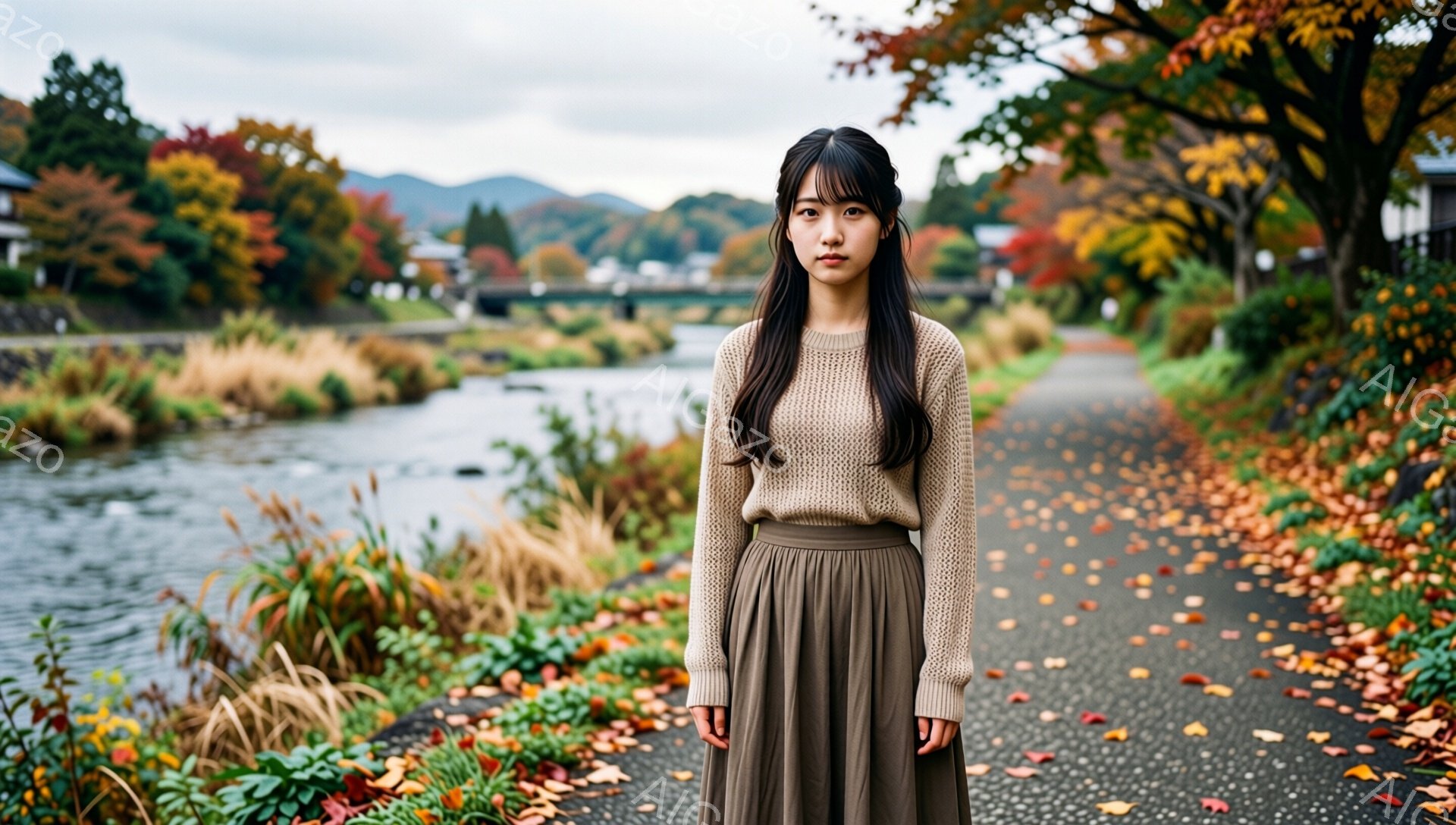 長い黒髪をセンターパートにした若い女性が、ベージュのニットセーターと茶色のロングスカートを着て立っています。彼女はまっすぐな視線でカメラを見つめ、表情は穏やかです。背景には、紅葉した木々や川が広がり、 - AI生成フリー素材