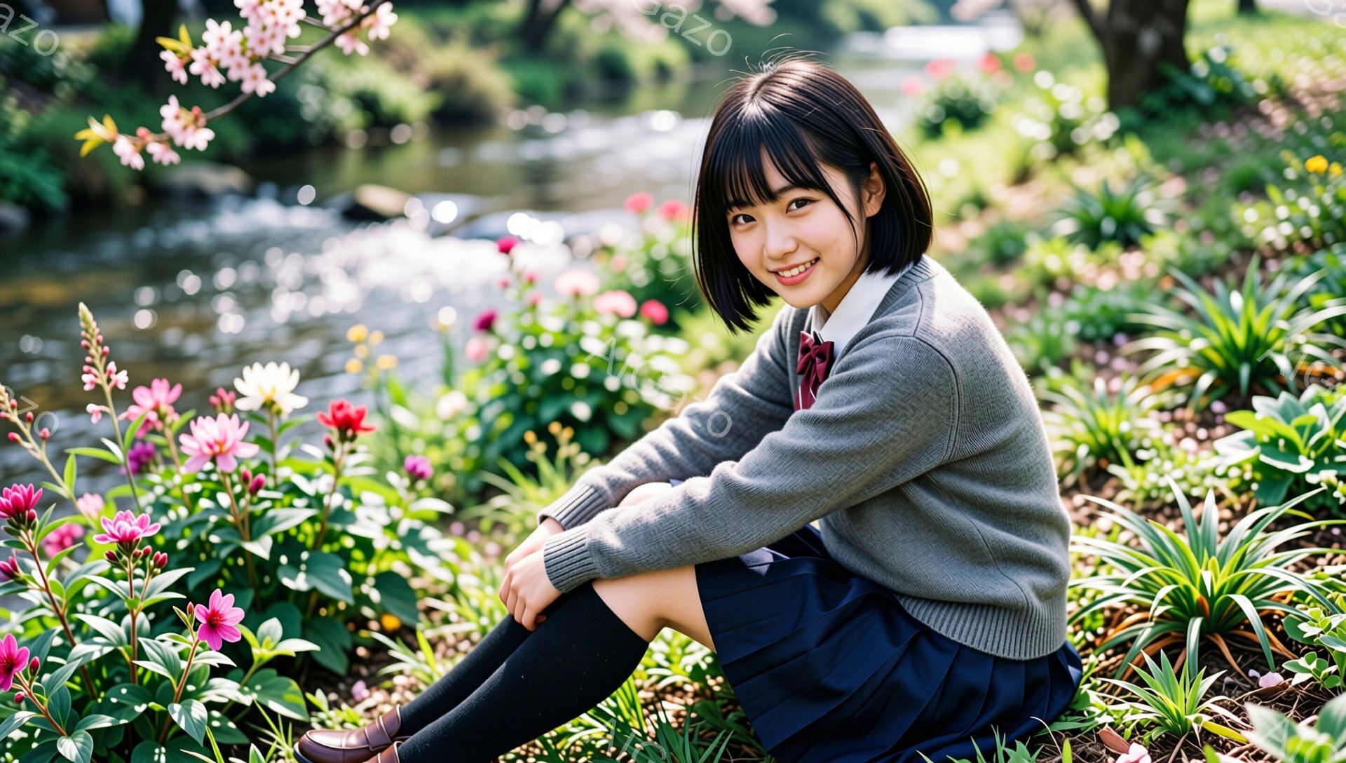 短い髪の少女が、ピンクや紫の花々が咲く草むらに座っている。グレーのセーターにチェック柄のネクタイ、紺色のスカート、黒い靴下を履き、少し微笑んでこちらを見ている。背景には、穏やかな川の流れと、薄緑の木々が見え、春の柔らかな光が全体を包んでいる。