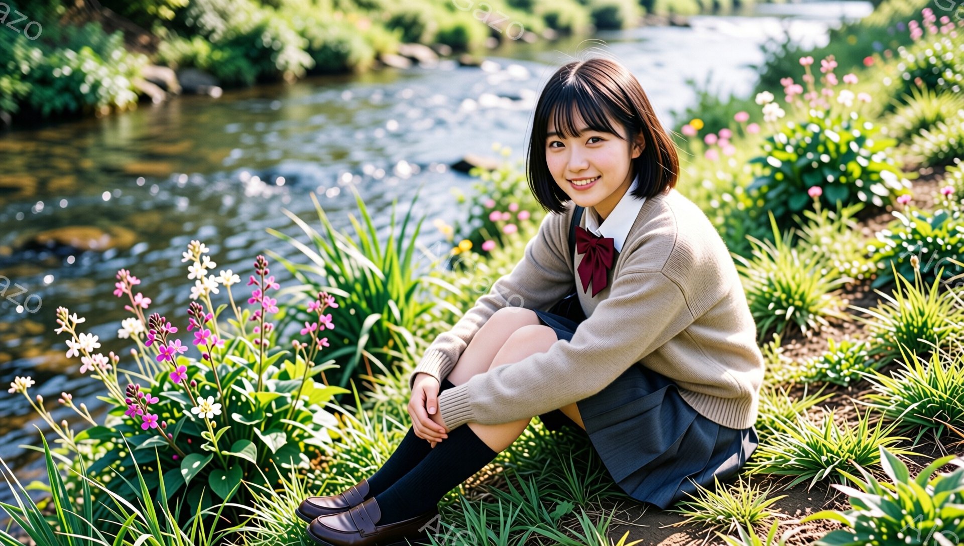 明るい表情の若い女性が、花壇の近くにしゃがんで座っています。ベージュのセーターにネイビーのスカート、黒い靴下と靴を履き、赤いリボンがアクセントになっています。背景には木々が生い茂る小川があり、晴れた日の穏やかな自然の雰囲気が漂っています。