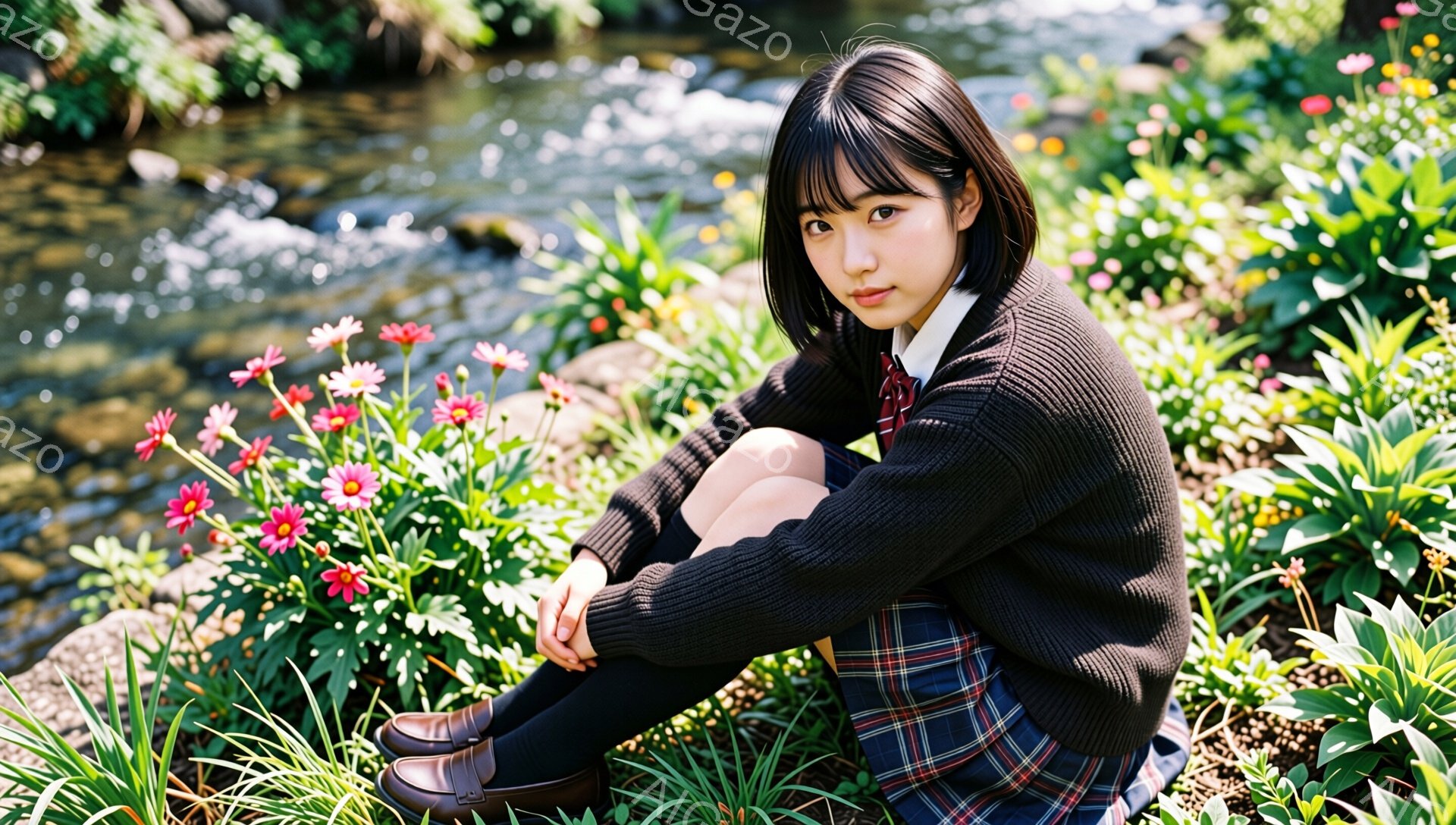 制服姿の若い女性が、花壇の横でしゃがんでいます。彼女は茶色のカーディガン、チェック柄のスカート、白いシャツを着ており、黒い靴を履いています。背景には小川と緑豊かな植物が見え、穏やかで自然な雰囲気が漂っています。