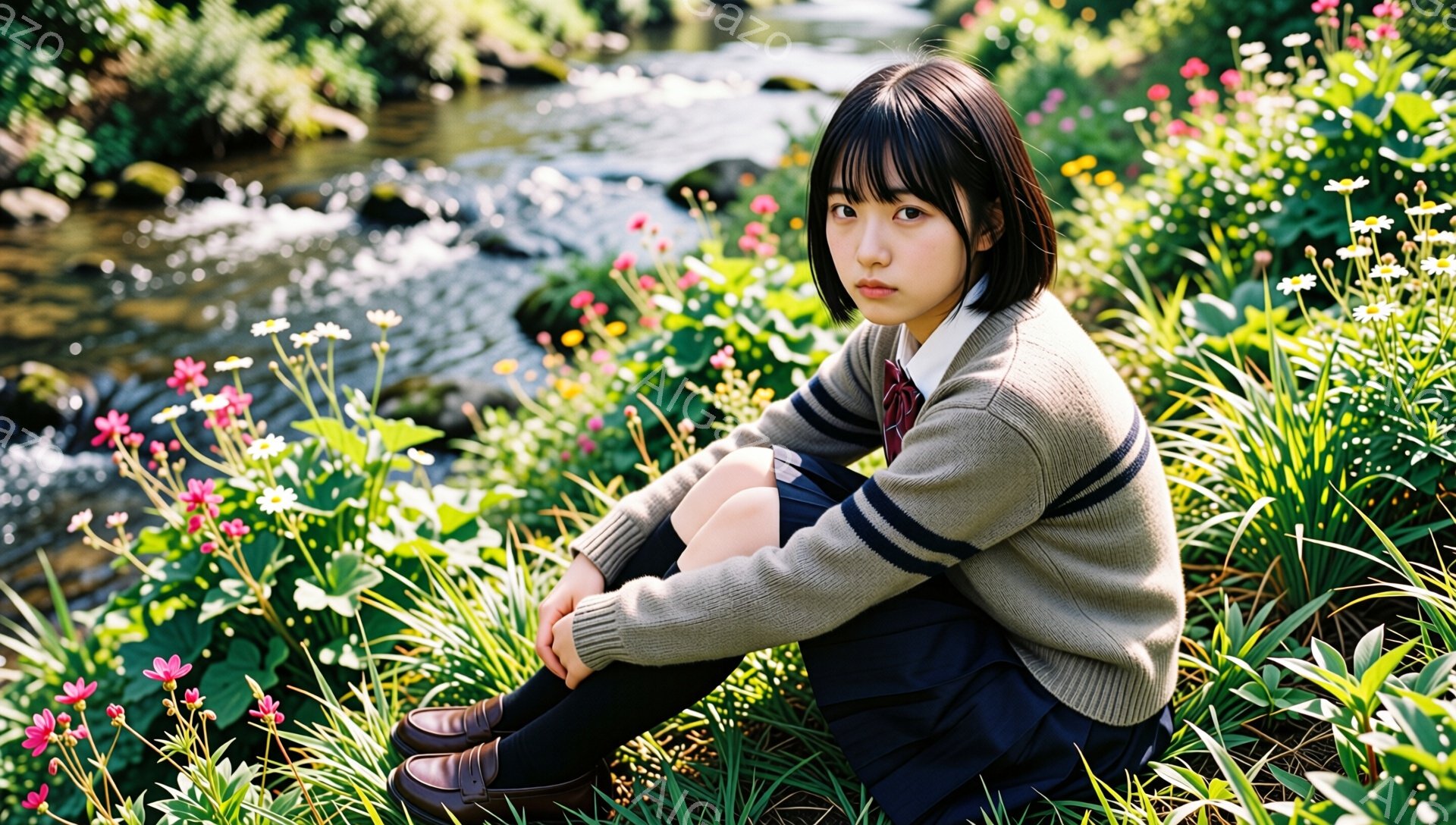 短い黒髪の少女が、ピンクや白の花に囲まれながら、膝を抱えて座っている。ベージュとネイビーのストライプが入ったカーディガンと、チェックのネクタイ、紺色のスカート、黒い靴を身に着けており、制服姿であることがわかる。背景には、緑豊かな木々や小川が流れ、柔らかな光が差し込み、どこか物憂げで穏やかな雰囲気を醸し出している。