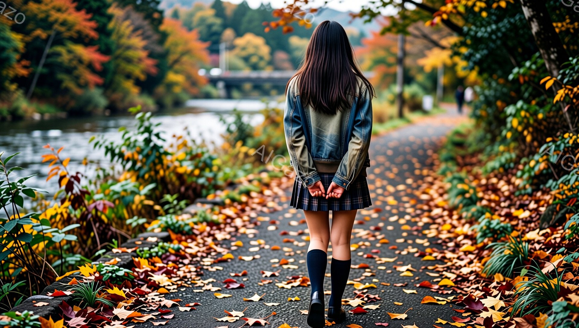 画像には、秋の並木道を歩く少女の後ろ姿が描かれています。彼女はチェックのスカート、黒いニーハイソックス、そしてデニムジャケットを着ており、髪は長くストレートで背中に垂れ下がっています。背景には、紅葉した木々と、川が見え、全体的に穏やかでノスタルジックな雰囲気が漂っています。