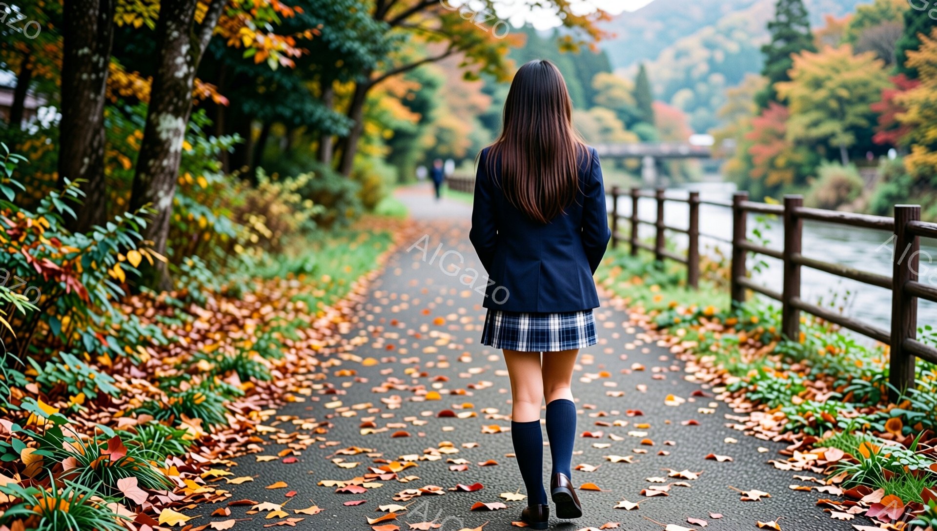 画像には、制服を着た若い女性が、落ち葉が散らばる道を歩いている様子が捉えられています。彼女は紺色のブレザーとチェック柄のスカート、膝丈のソックスを履き、長い黒髪を背中に垂らしています。背景には、紅葉した木々と川が見え、秋の穏やかな雰囲気が漂っています。