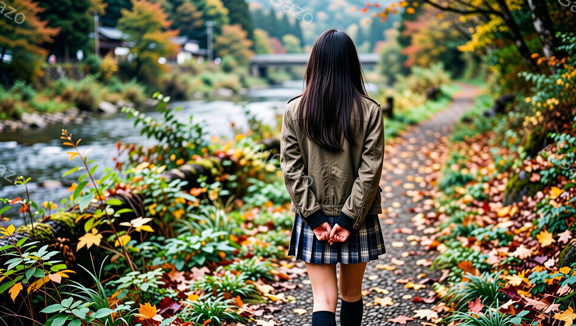 長い黒髪を背中に垂らした女性が、短いプリーツスカートと黒いニーハイソックス、カーキ色のジャケットを着て、落ち葉が敷き詰められた道を歩いている。彼女は後ろを振り返り、手を後ろで組んでいる。背景には、緑豊かな植物と川、そして遠くに見える建物があり、秋の穏やかな雰囲気が漂う。
