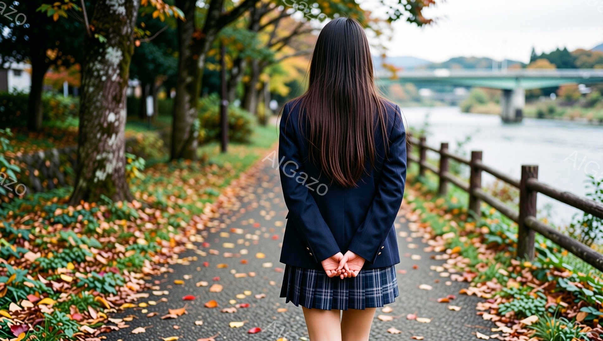 長い黒髪の少女が、紺色のブレザーとチェックのスカートの制服を着て、後ろ姿を見せています。少女は両手を背中に当て、道を行く様子が捉えられています。背景には、紅葉した木々と川、そして遠くにかかる橋が見え、秋の穏やかな雰囲気が漂っています。
