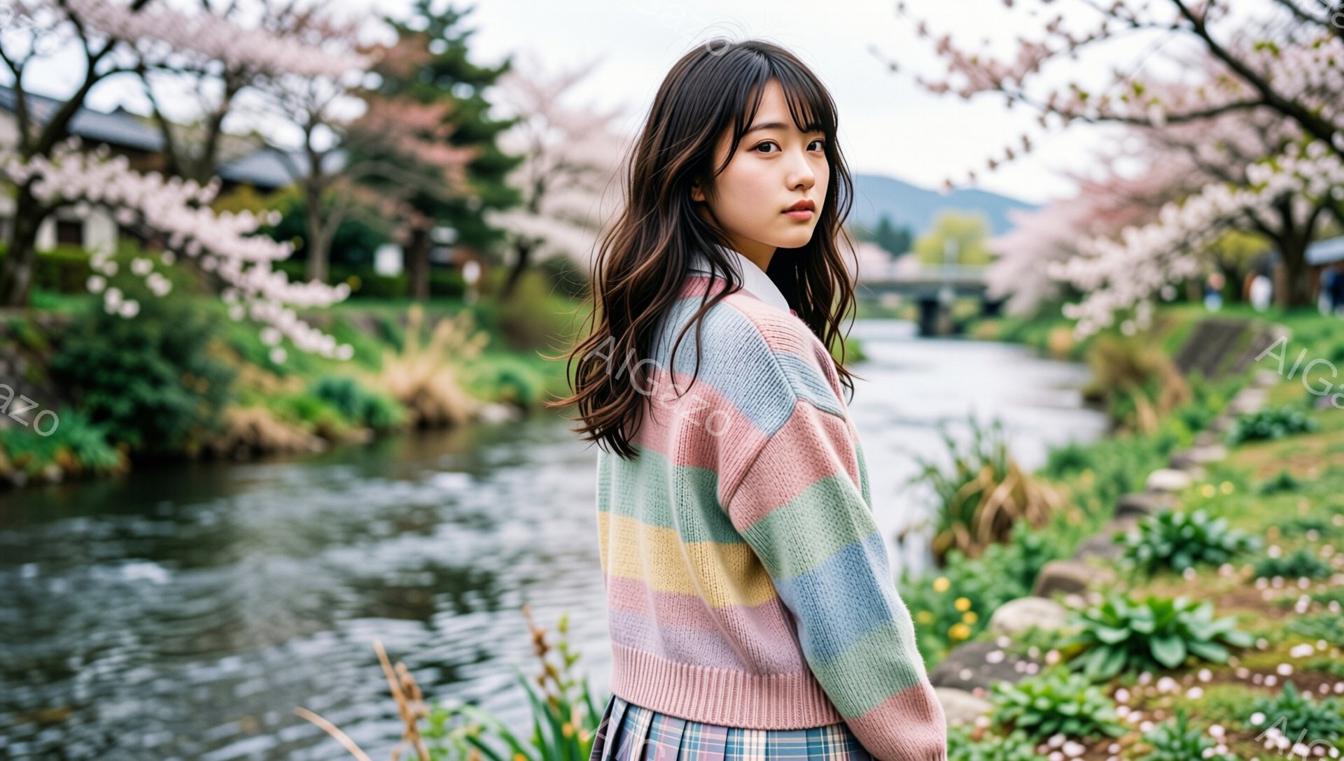 長い黒髪の女性が、ピンク、水色、黄色、緑色のブロック状のセーターとチェック柄のスカートを身につけて立っています。彼女は少し振り返り、憂いを含んだ表情でこちらを見ています。背景には、桜が咲き乱れ、小川が流れ、穏やかで春らしい雰囲気が漂っています。