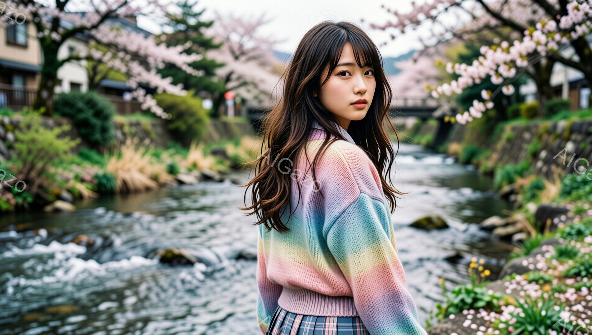 長い黒髪を肩まで伸ばした若い女性が、虹色のセーターとチェック柄のスカートを着ています。彼女は少し振り返り、物憂げな表情でこちらを見ており、背景には桜並木と小川が流れています。全体的に、春の穏やかな日を思わせる、優しくノスタルジックな雰囲気です。
