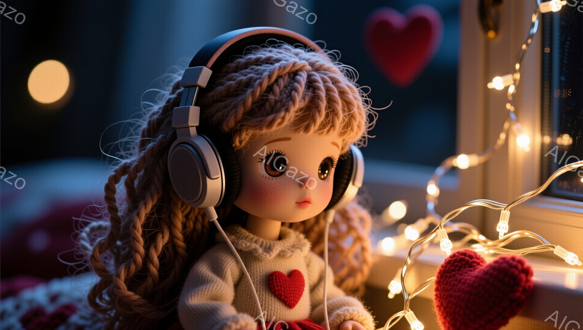 明るい金色の巻き毛の少女がヘッドホンをつけています。白いセーターに赤いハートのブローチをつけており、少し憂いを帯びた表情で何かを聴いているようです。背景には温かい光を放つイルミネーションと、ぼやけた窓の外の夜景があり、ロマンチックで落ち着いた雰囲気を醸し出しています。
