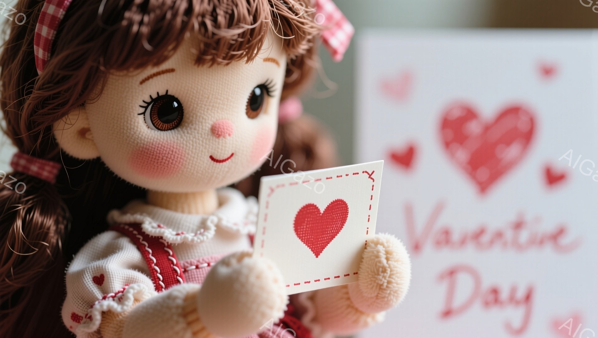 明るいピンク色の背景に、茶色の巻き髪に赤い水玉のリボンをつけた可愛らしい人形が写っています。人形は赤いハートが描かれた白いカードを両手で大切そうに抱え、ほほえましい表情を浮かべています。背景には「Valentine’s Day」と書かれた文字と、ハート型の装飾が散りばめられており、バレンタインデーの温かい雰囲気を演出しています。