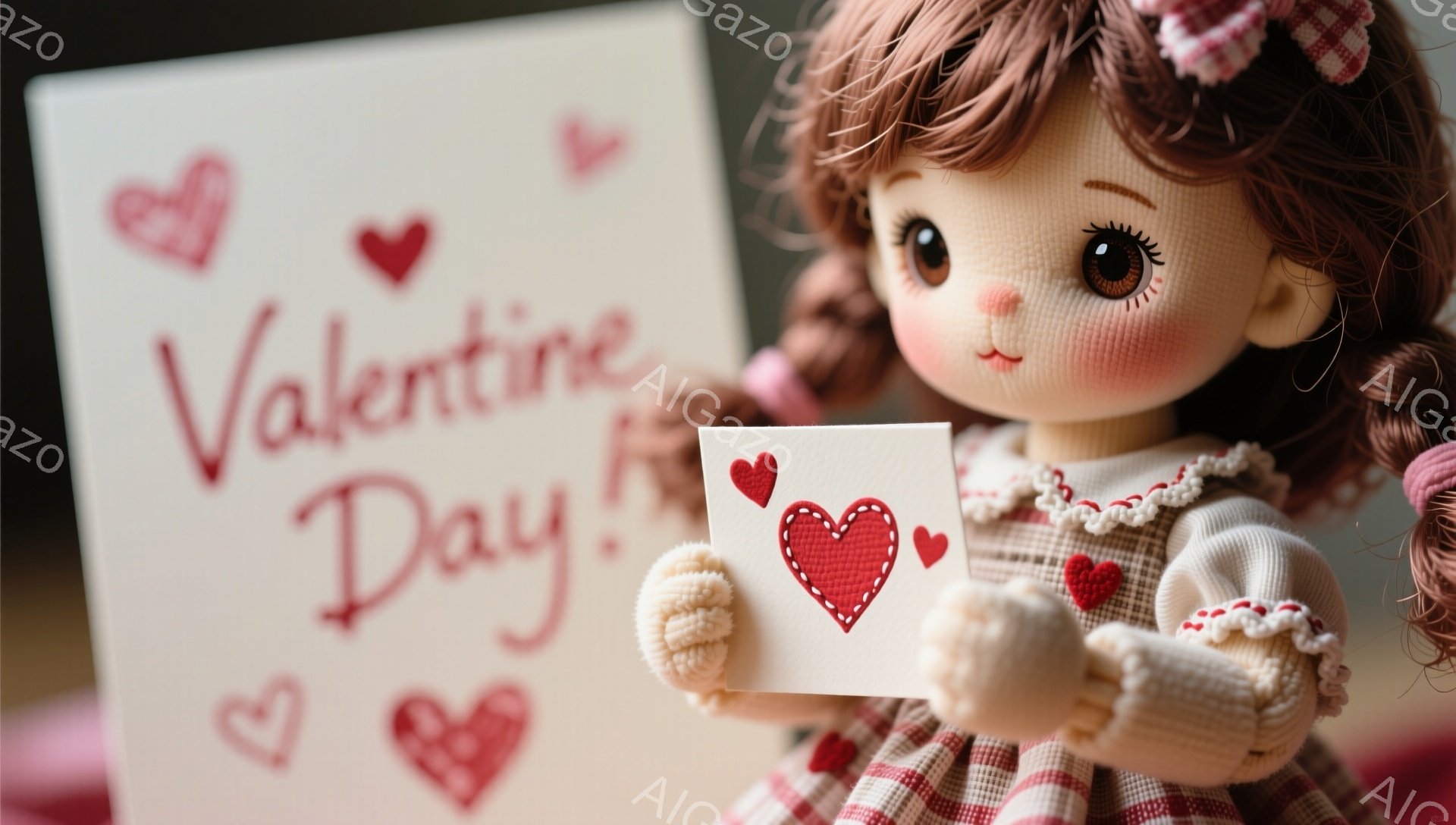 明るいピンク色の背景に、可愛らしい人形がバレンタインデーのカードを持っています。人形は茶色の巻き毛で、大きな瞳と桃色の頬が特徴的です。白い襟付きの赤いチェック柄のドレスを着ており、愛らしい笑顔でカードを提示しています。