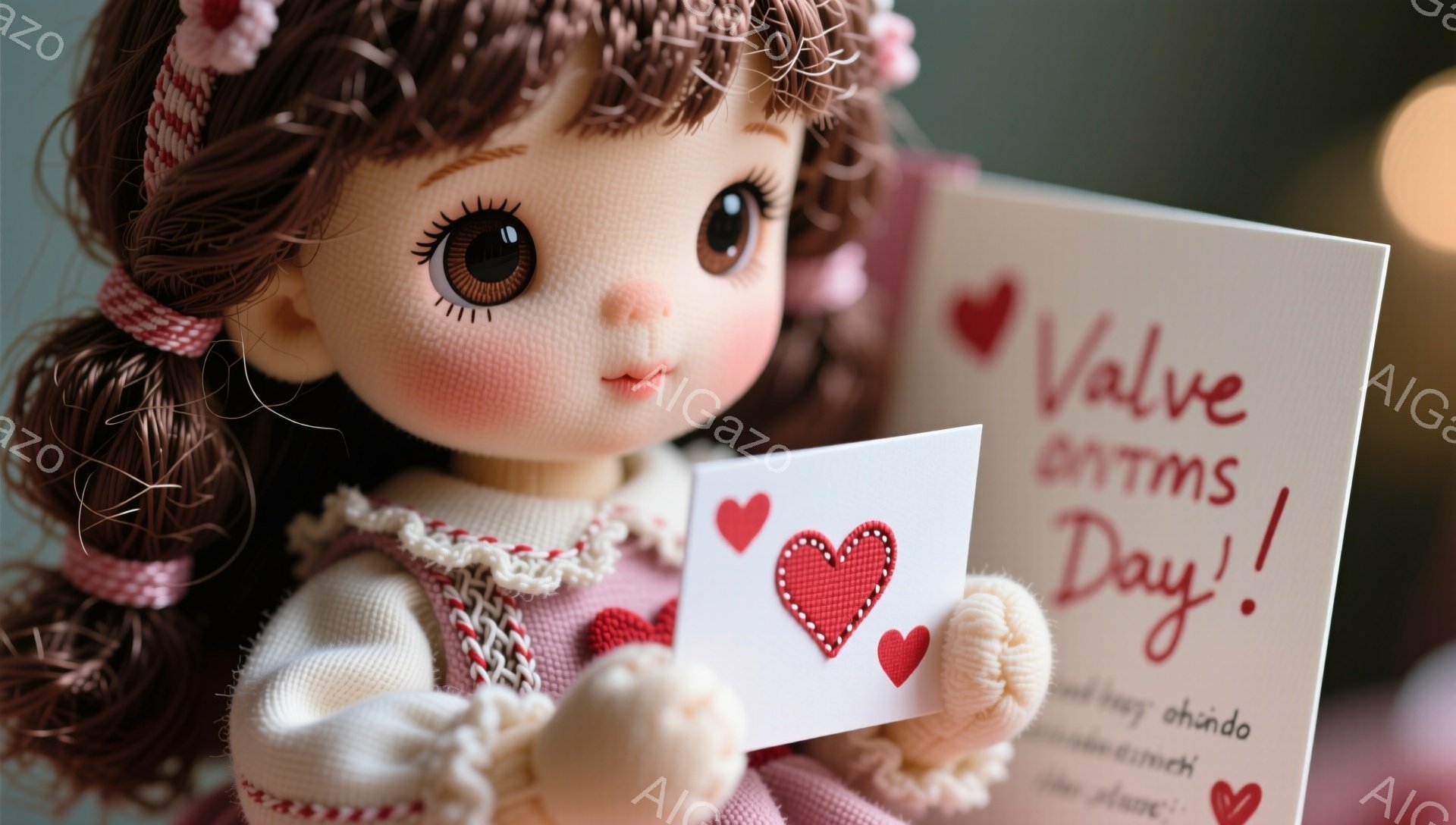 茶色の巻き髪に、大きな瞳の可愛らしい女の子が写っています。ピンクと白のニットのセーターを着て、片手に赤いハートが描かれたメッセージカードを持っています。背景はぼやけていますが、おそらく室内で、温かく優 - AI生成フリー素材