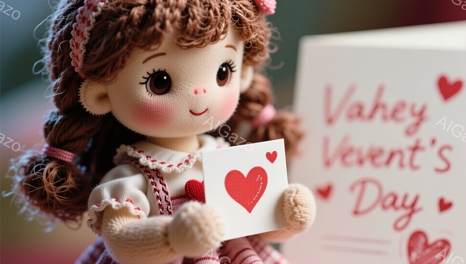明るいピンクと赤の背景に、愛らしい人形が立っています。人形は茶色のカールした髪を二つのポニーテールにし、大きな茶色の目で微笑んでいます。白いシャツに赤い縞模様のドレスを着ており、片手に赤いハートが描かれた白いカードを持っています。