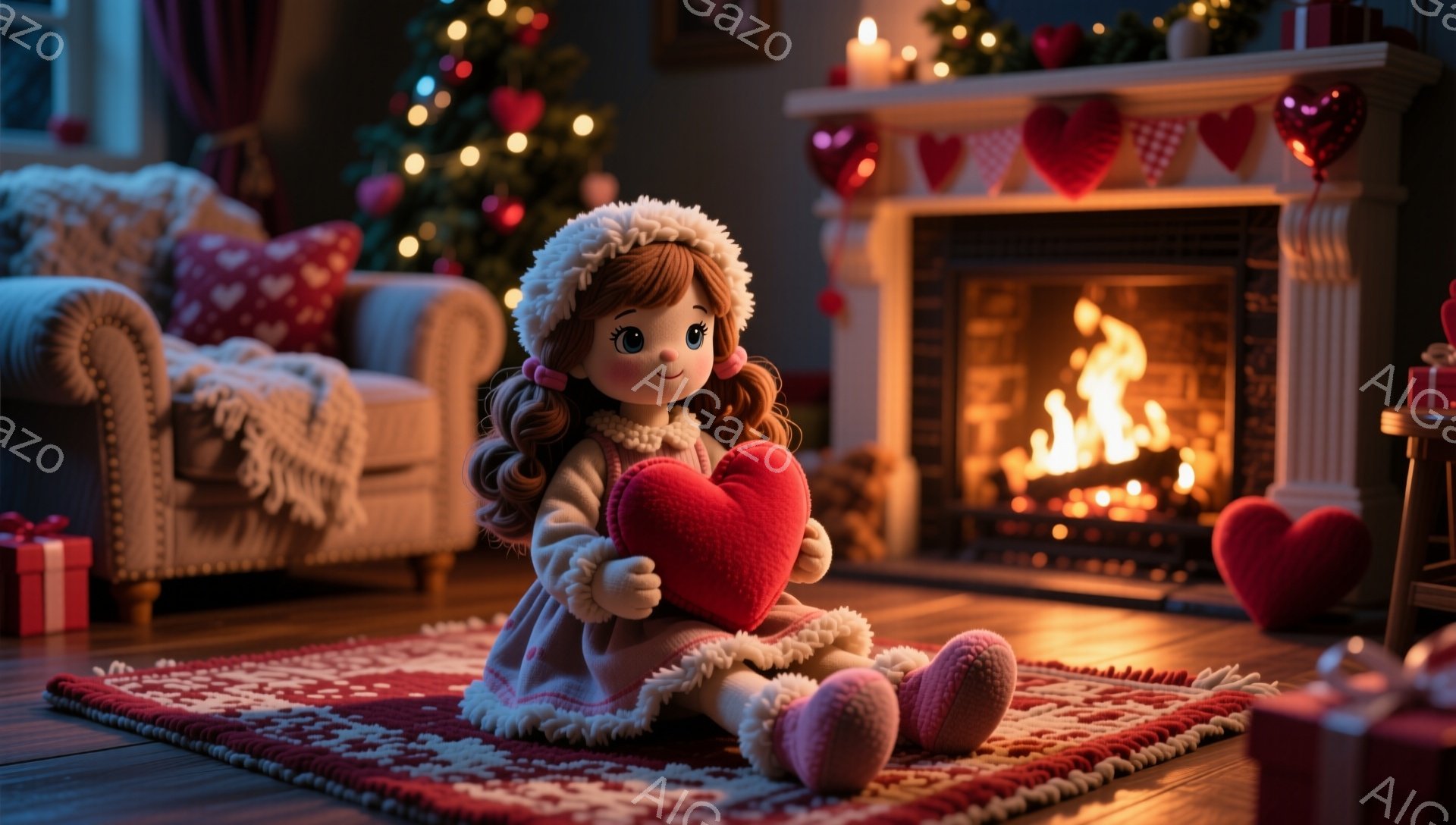 温かい光に包まれた部屋の中央で、赤いハート型のクッションを抱きしめる金髪の少女が座っています。彼女はピンク色のブーツを履き、白い縁取りのある赤いコートと帽子を身に着けており、幸せそうな表情を浮かべてい - AI生成フリー素材
