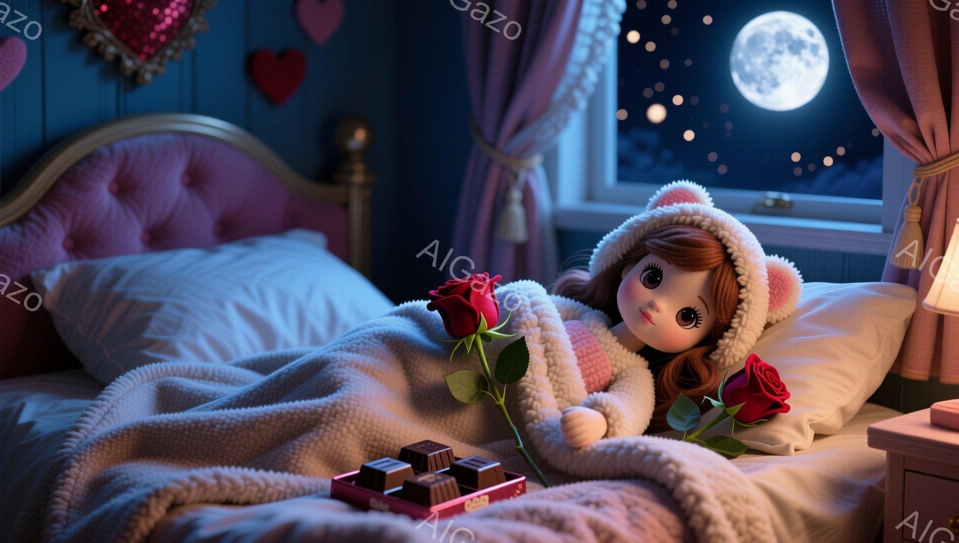 ふわふわの毛皮のフードと耳が付いたピンク色の服を着た少女がベッドに横たわっています。彼女は茶色の髪をしており、穏やかな表情で赤いバラの花を抱きしめています。窓の外には満月と星空が広がり、寝室全体が暖かくロマンチックな雰囲気に包まれています。