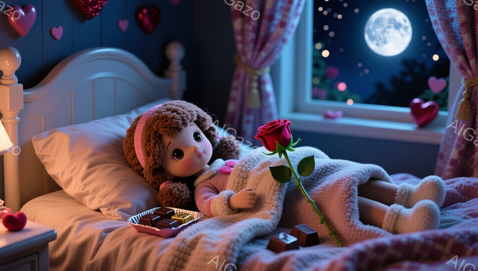 ふわふわの巻き毛の髪をした女の子がベッドに横たわり、ピンク色のふわふわのパジャマを着ています。彼女の目は大きく、穏やかな表情をしています。背景には、月明かりの下にハートが舞う夜空が広がり、ベッドサイド - AI生成フリー素材