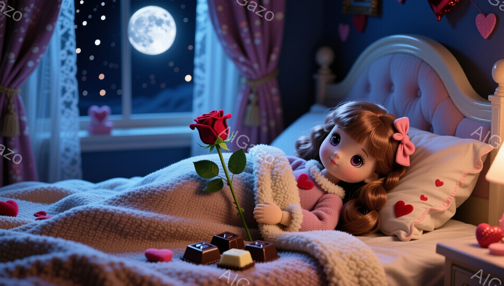 明るいピンク色のパジャマを着た少女が、フリル付きの白いベッドに横たわっています。彼女は茶色の巻き毛にピンクのリボンをつけており、眠そうな表情で赤いバラを手に持っています。窓の外は満月が輝き、背景には愛の象徴であるハート型の装飾が散りばめられた甘い雰囲気の寝室です。