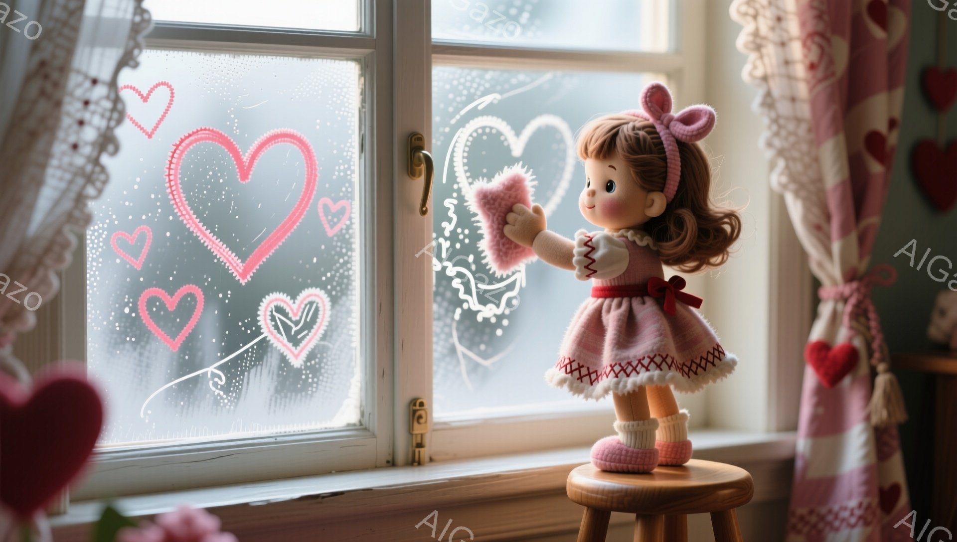 クリーム色の窓枠に寄りかかった少女の人形が描かれている。ピンク色のワンピースと、同じ色の靴を履き、茶色の髪はカールしてリボンで結ばれている。背景には、窓に描かれたハート模様や、ピンクと白のストライプ柄のカーテンが見え、全体的に暖かく、愛情に満ちた雰囲気が漂っている。