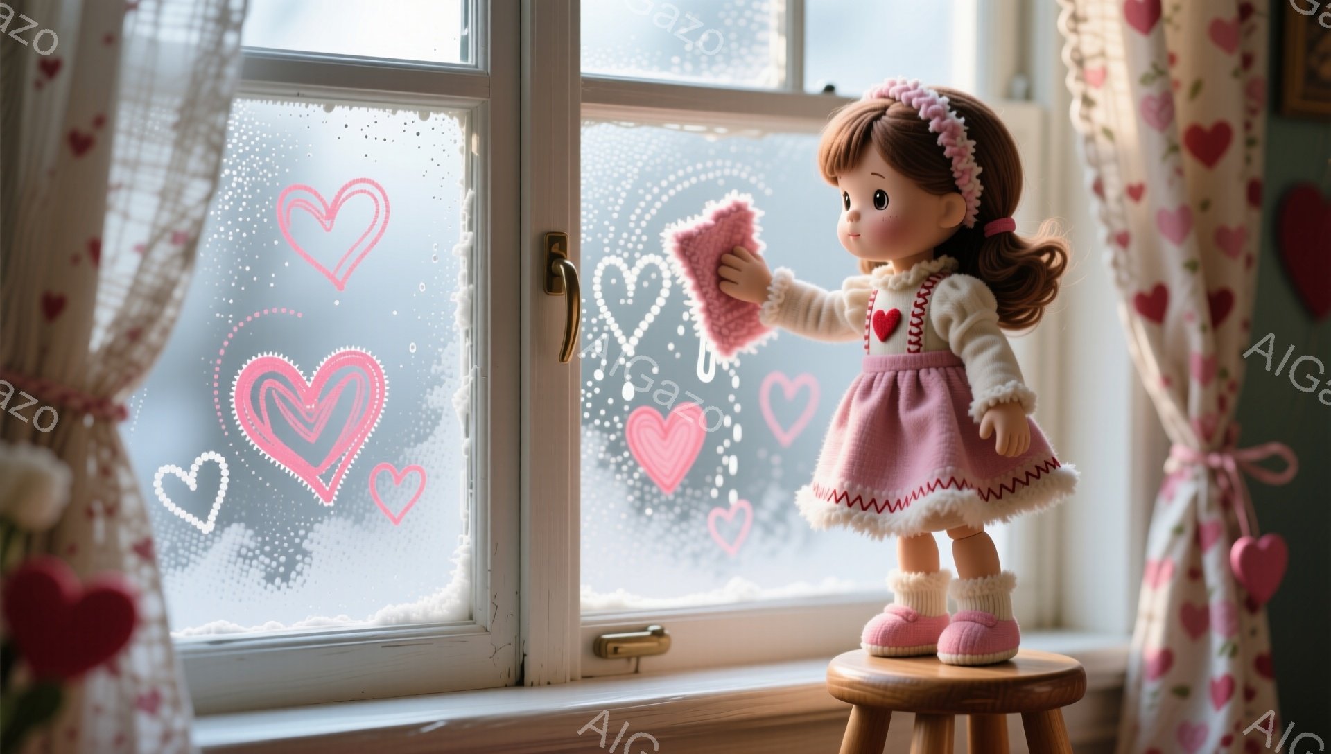 少女が窓にハートを描いています。彼女はピンクのスカートと白いセーターを着ており、茶色の髪はリボンで結ばれています。窓の外は曇っていて、窓辺には可愛らしい柄のカーテンと、小さなスツールが置かれています。