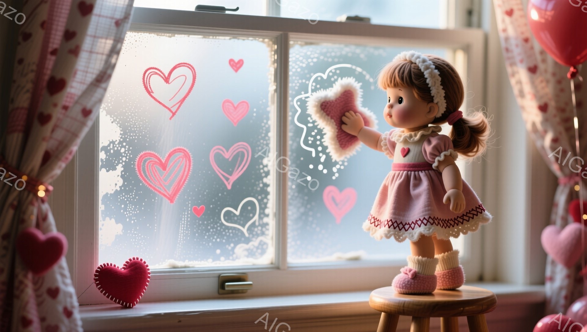 ピンク色のワンピースを着た人形が、窓辺の小さなスツールの上に立っています。人形は茶色の髪をポニーテールにし、ピンク色のハート型のクッションを抱きしめています。窓には可愛らしいハートの模様が描かれており - AI生成フリー素材