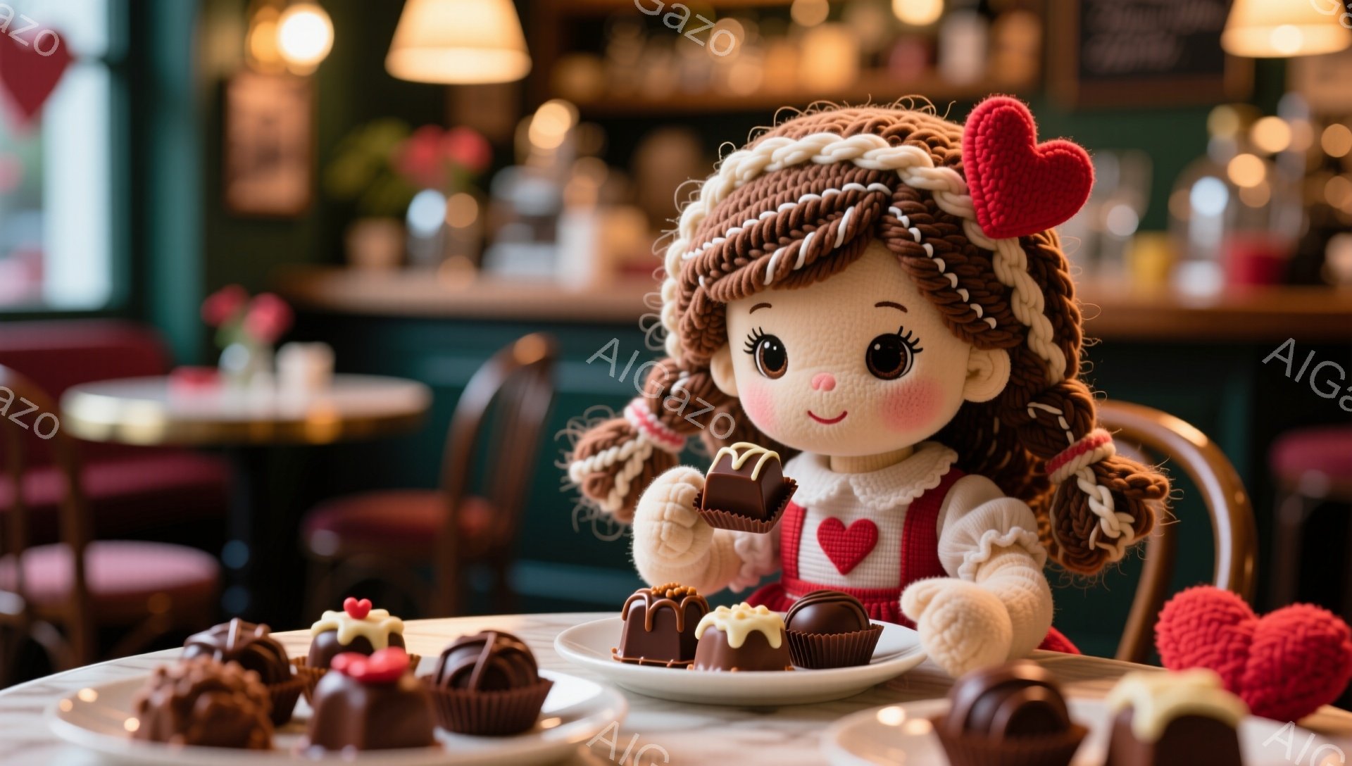 茶色の巻き毛に大きな瞳が愛らしい人形が、テーブルを囲んでチョコレートを楽しんでいます。赤いハートがワンポイントの白いワンピースを着ており、手にはチョコレートが乗ったお皿を持っています。背景には、上品な雰囲気のカフェのインテリアが見え、全体的に温かく、可愛らしい雰囲気が漂っています。