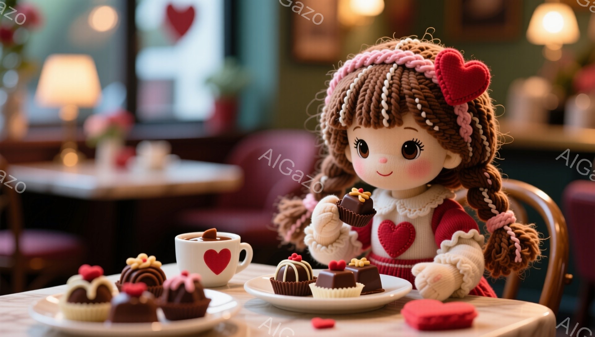 茶色の巻き毛にピンクのリボンを結んだ少女の人形が、クリーム色のニットセーターと赤いハートの模様が入ったベストを着ています。彼女はチョコレートを乗せたお皿を前に、微笑みながらチョコレートを手に持っていま - AI生成フリー素材