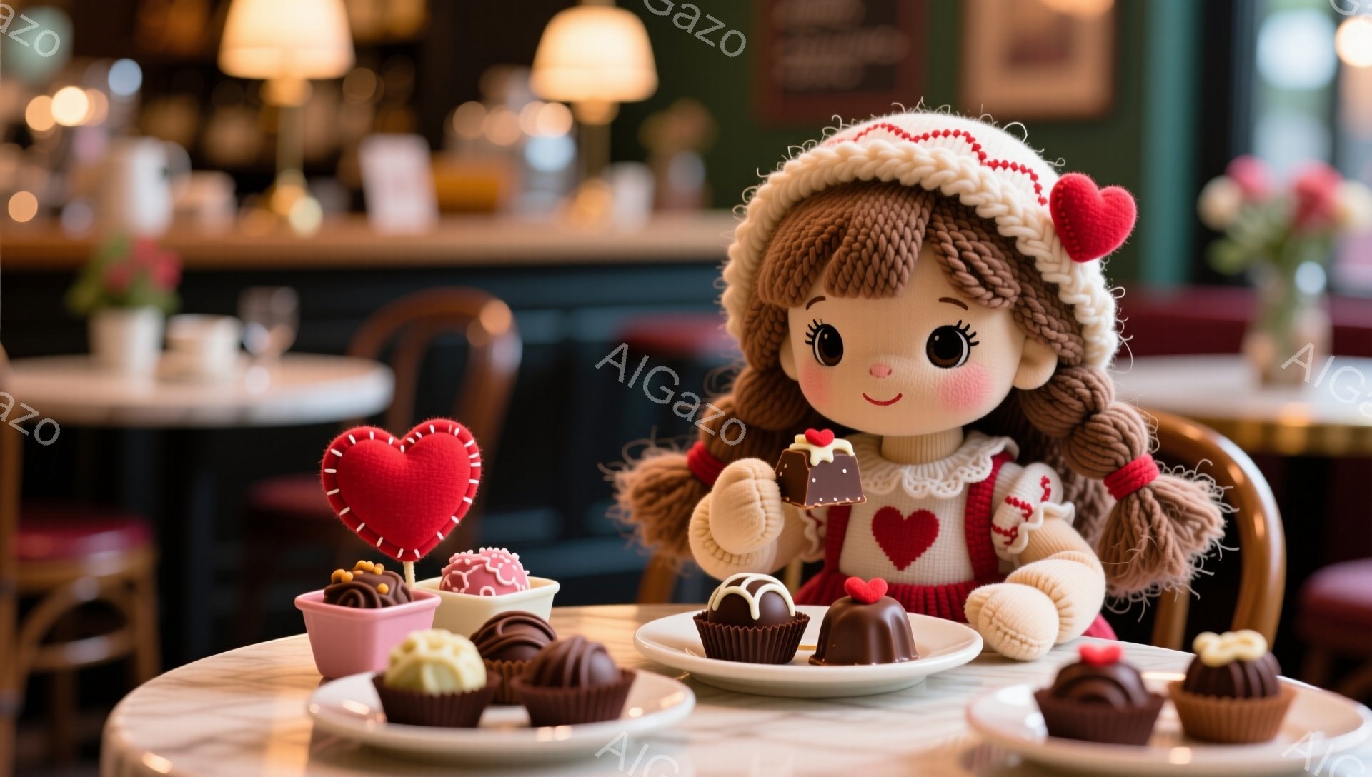 明るいピンク色の頬と微笑みを浮かべた人形が、赤いハートの模様が入った帽子とクリーム色のセーターを着ています。人形はチョコレートを片手に持ち、周囲には様々なチョコレートが盛り付けられたお皿が並んでいます。背景には、ぼやけたカフェの様子が見え、暖かく親密な雰囲気が漂っています。