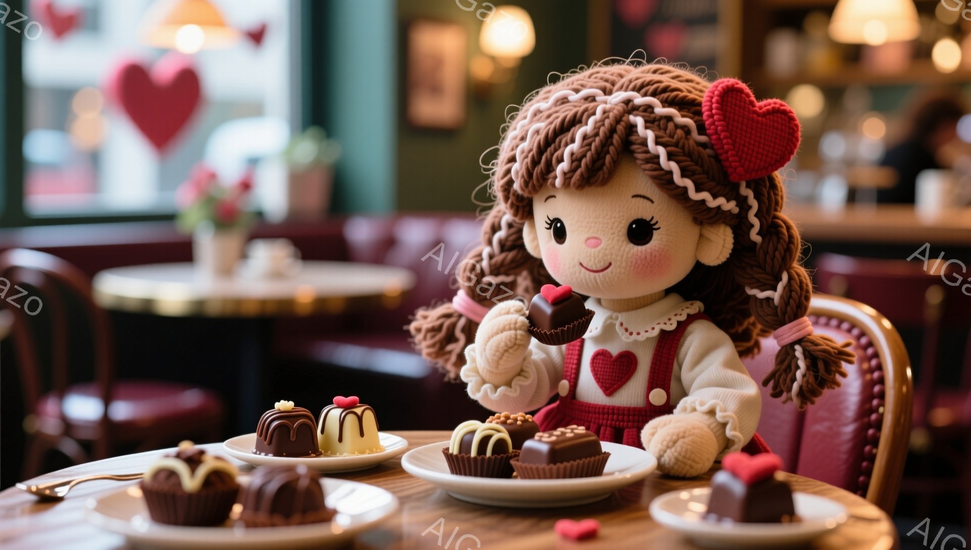 明るい赤毛の巻き髪に、大きな瞳を持つ人形が、真っ白なセーターに赤いハートの模様が入ったオーバーオールを身に着けています。彼女はテーブルに置かれたチョコレートを手に持ち、微笑んでいます。背景には、赤いハート型の装飾が施された可愛らしいカフェのような空間が広がり、全体的に温かく優しい雰囲気が漂っています。