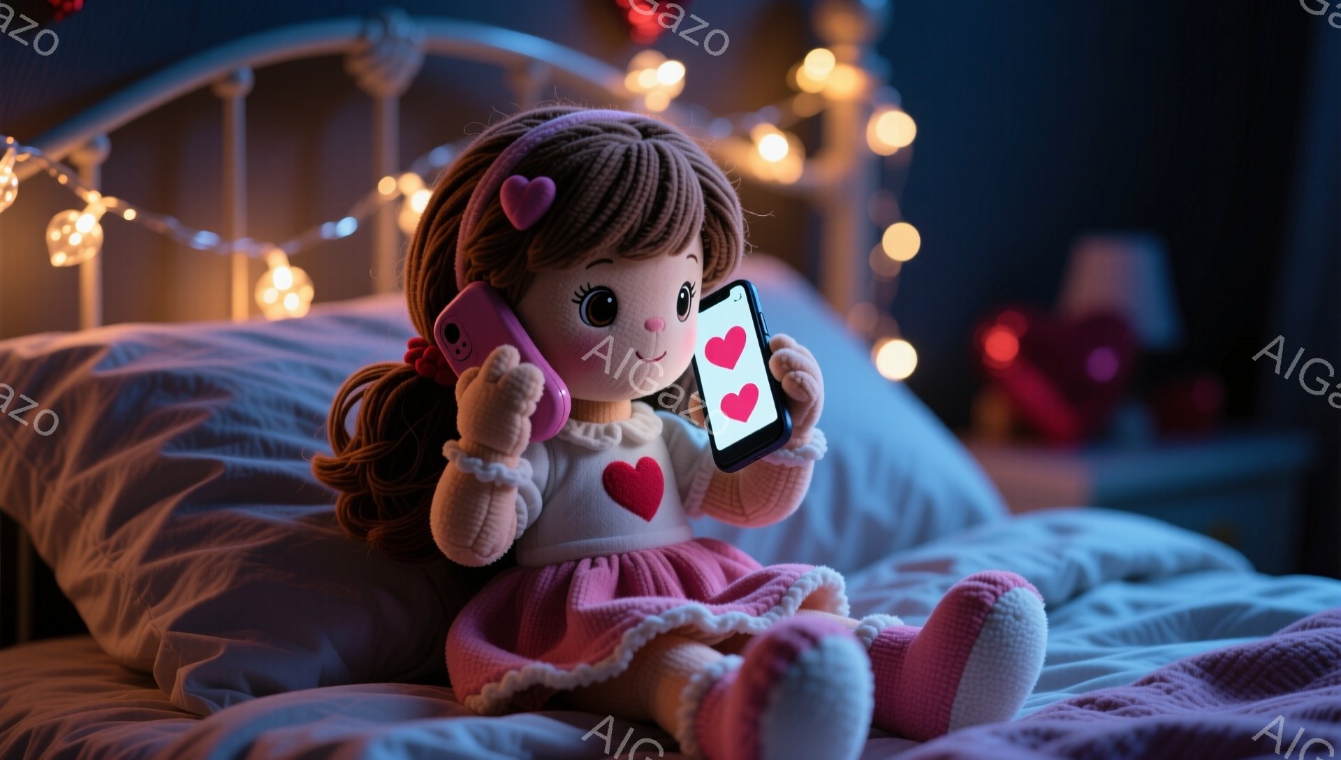 明るいピンク色の服を着た人形がベッドに座ってスマートフォンを持っています。人形は赤毛を二つに結んでおり、顔には愛らしい笑顔が見られます。背景にはぼんやりとした光のカーテンと、ピンク色のふわふわしたベッドシーツが広がり、温かく心地よい雰囲気を醸し出しています。