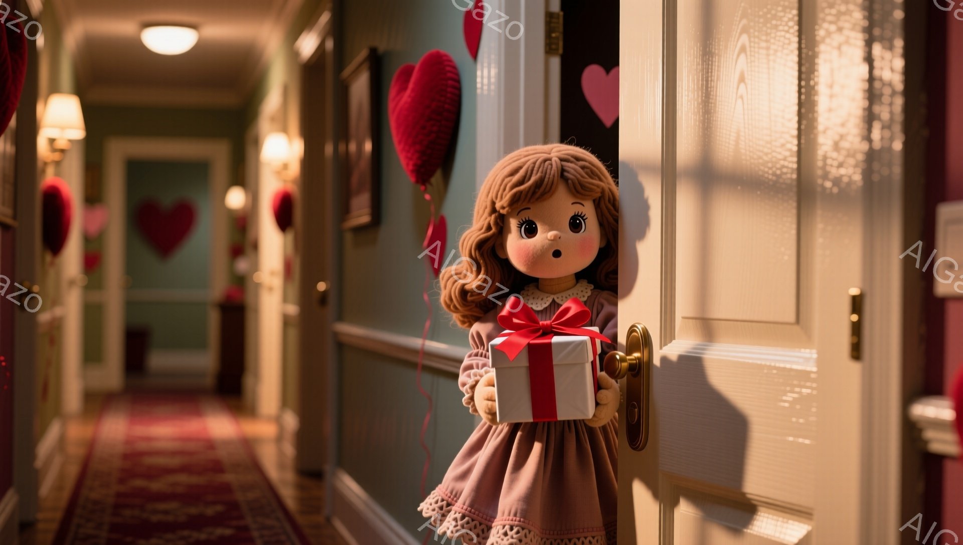 赤毛の少女が、ピンクのリボンとレースが施された薄茶色のワンピースを着て、小さな白いギフトボックスを赤いリボンで結んで抱えています。彼女は驚いた表情で、廊下のドアの隙間から顔を覗かせています。廊下には赤 - AI生成フリー素材
