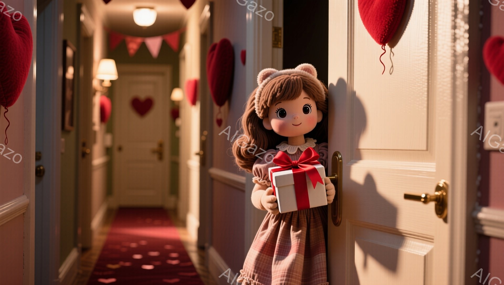 明るい廊下で、茶色の巻き毛の少女がドアの隙間から顔を出しています。赤い水玉模様のワンピースを着ており、手に赤いリボンで飾られたプレゼントの箱を持っています。背景には赤いハート型の風船と、お祝いのガーランドが飾られた廊下の様子が見え、暖かくお祝いムードに満ちています。