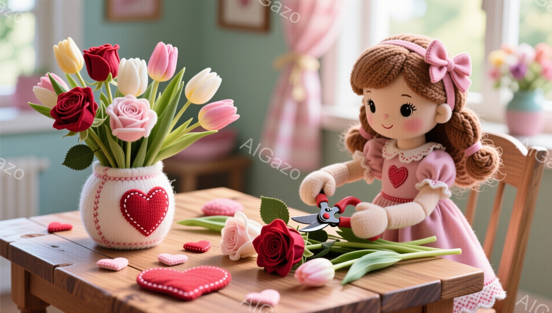 明るい木製のテーブルの上に、可愛らしい人形が座っています。人形はピンクのセーターにハート型の模様があり、茶色の髪を2つに結んで赤いリボンをつけています。テーブルにはチューリップやバラの花束が飾られた編み物のハートの形をした花瓶と、赤いハート形のチョコレートが散りばめられています。