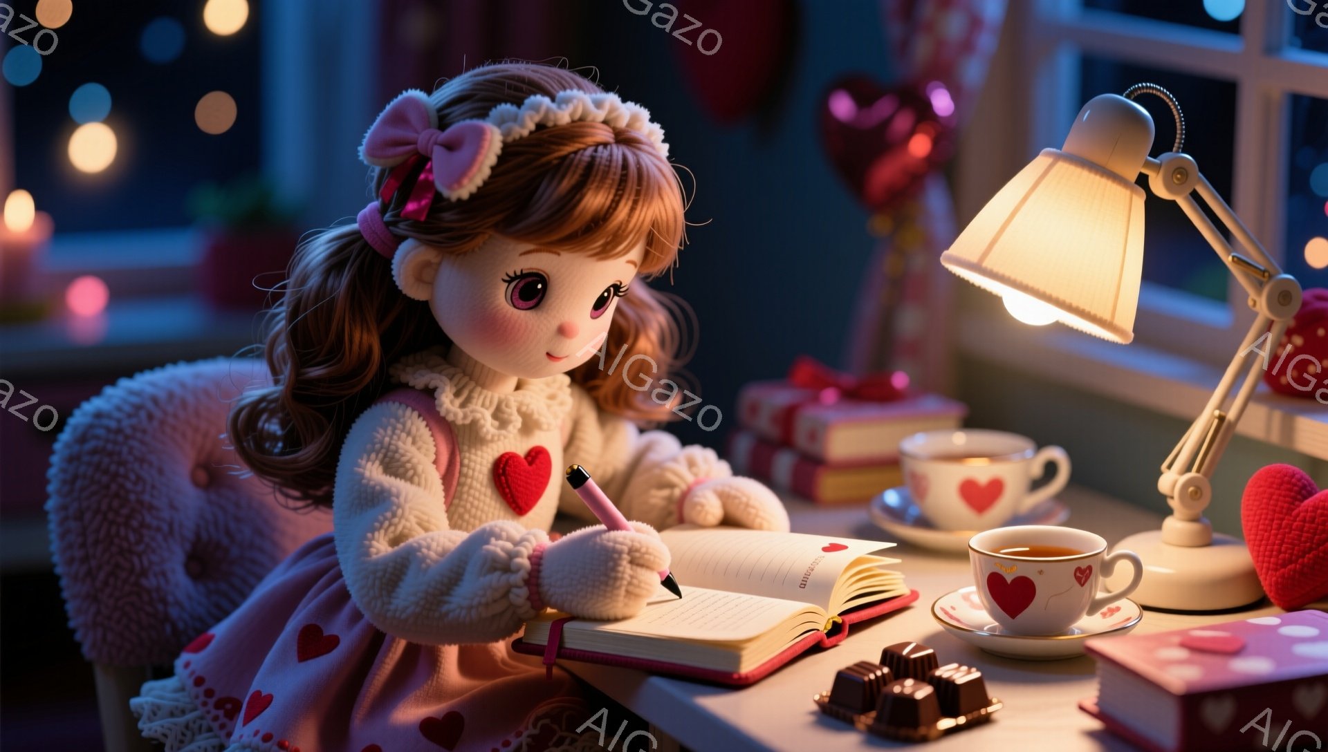明るいランプの下で、愛らしい少女が椅子に座って日記に書き込んでいる。彼女はピンクのリボンで飾られた茶色の巻き毛を持ち、白いセーターとピンクのショールを着ている。背景には、チョコレート、ティーカップ、そしてぼやけたハート型の光が飾られた窓があり、暖かくロマンチックな雰囲気を醸し出している。