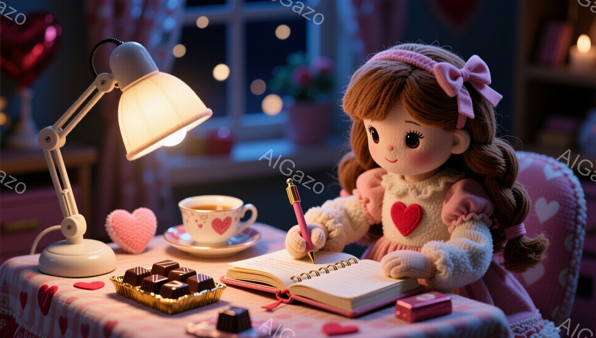 明るいランプの下、ピンクのセーターを着た少女が日記にペンで何かを書いている。彼女は茶色のカールした髪にピンクのリボンをつけており、赤いハートの模様が飾られた椅子に座って、チョコレートと紅茶を楽しんでい - AI生成フリー素材