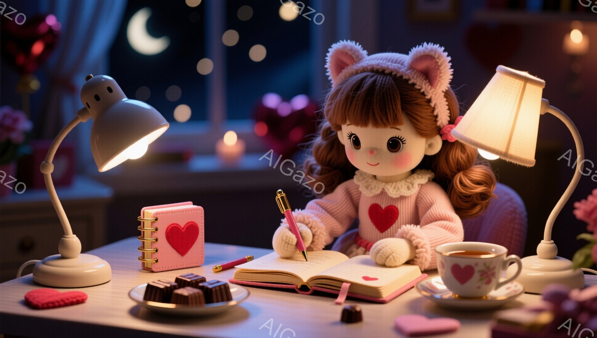 明るいランプの下、茶色の巻き髪にピンクの猫耳をつけた少女が、膝に開いた日記にペンで何かを書き込んでいる。彼女はハート模様のセーターを着ており、顔には穏やかな微笑みが浮かんでいる。背景には夜空、窓の外にはぼやけた街並みが見え、テーブルの上にはハート型のクッキーやチョコレート、そして温かいお茶が置かれ、温かく穏やかな雰囲気を醸し出している。