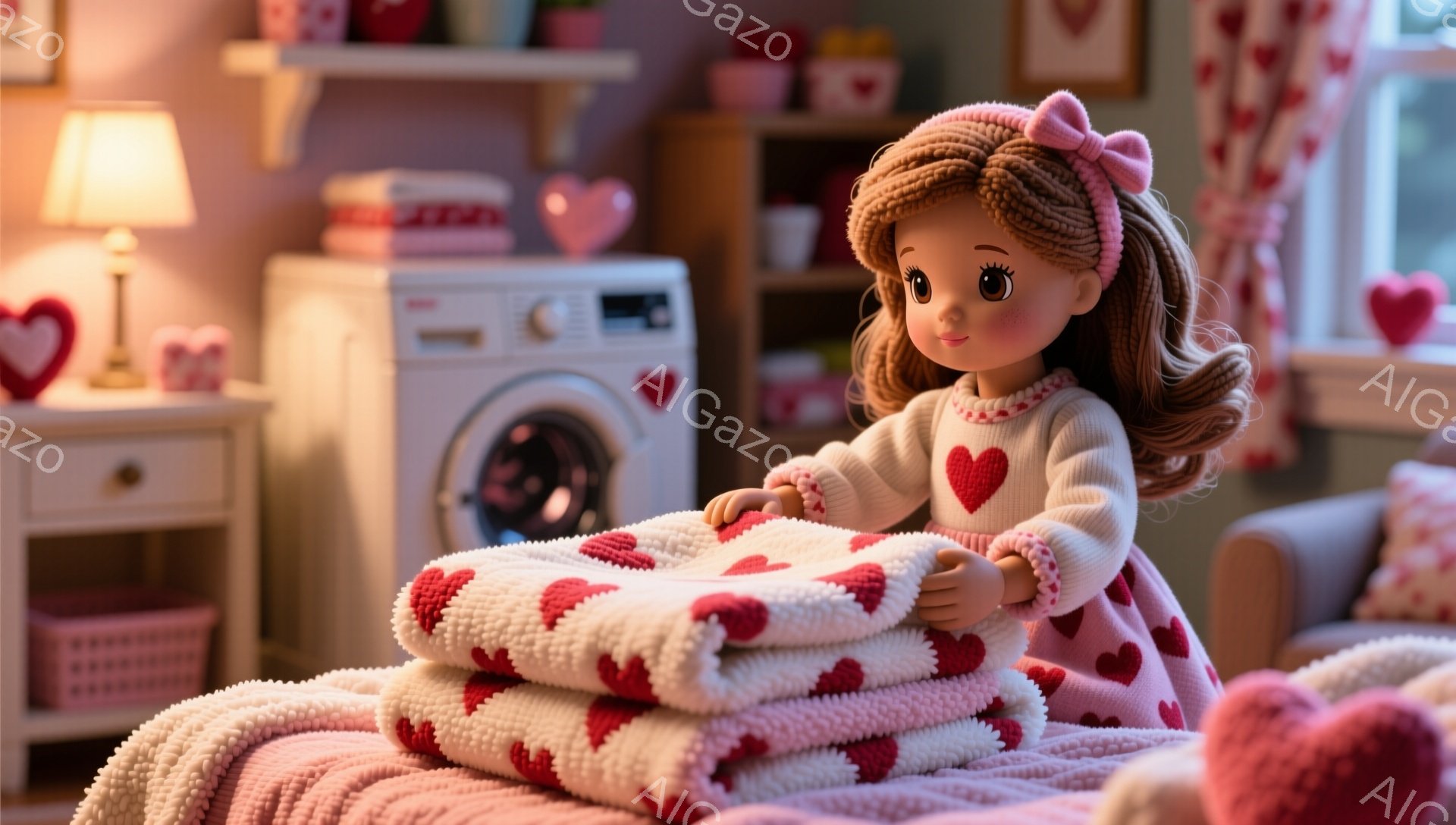 明るいピンク色の背景に、茶髪の巻き髪にピンクのリボンをつけた女の子が、ハート柄のふわふわした毛布を畳んでいます。彼女は白いセーターを着ており、優しい笑顔を浮かべています。背景には洗濯機や収納棚が見え、暖かく、家庭的な雰囲気が漂っています。