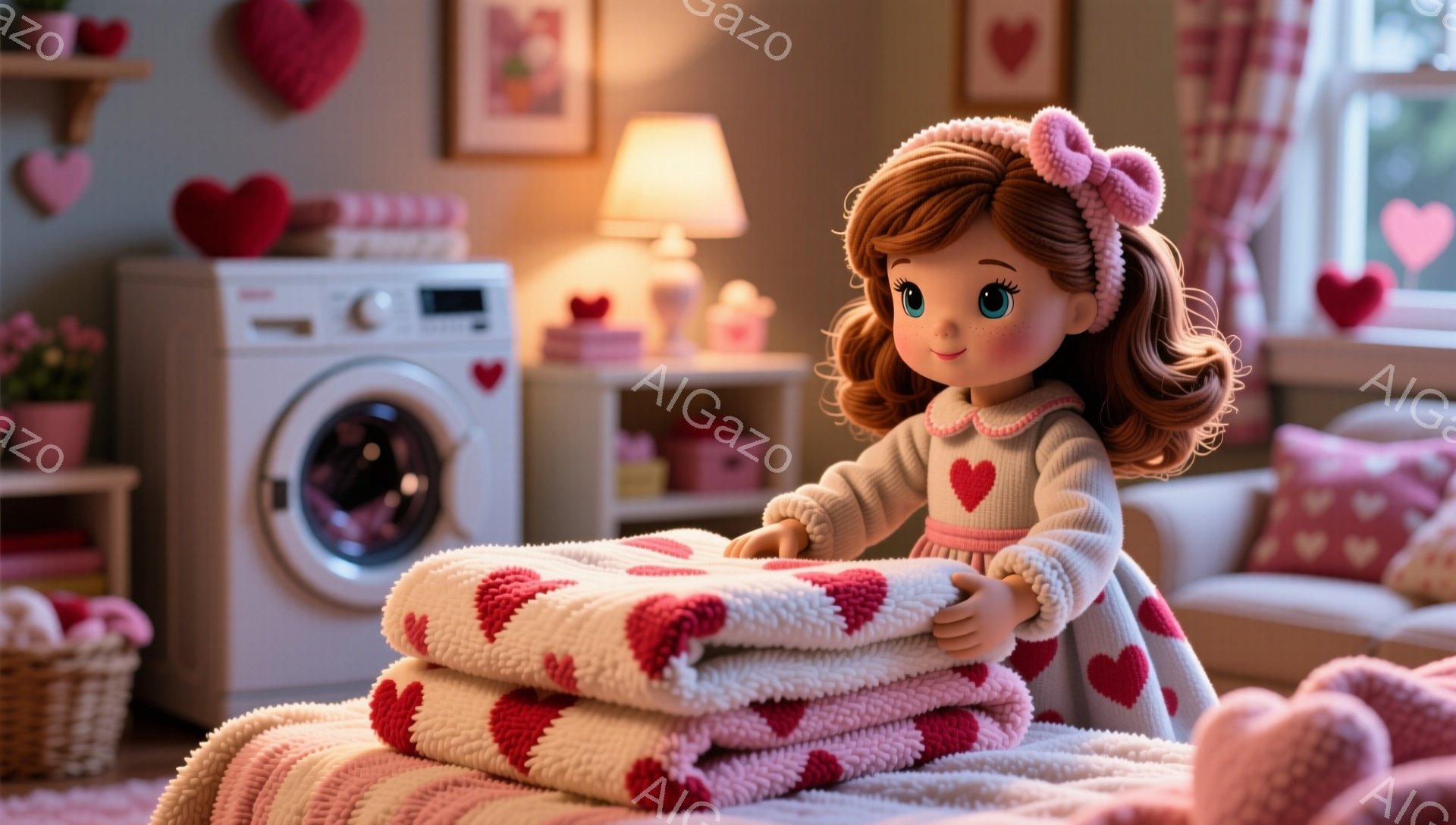 赤毛でカールした髪をした少女が、ハート柄のフリース毛布を畳んでいます。彼女はピンクのセーターとスカートを着ており、頭にはピンクの大きなリボンをつけています。背景には洗濯機、本棚、ソファがあり、部屋全体が温かく、居心地の良い雰囲気を醸し出しています。